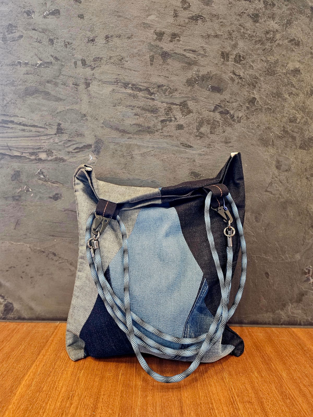 StudioBlue x Ayedigo Geometric Denim Totebag Blue Pattern Rope Handle