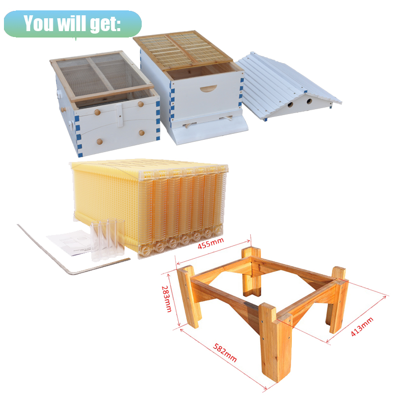 US STOCK Wooden Auto Flow Beehives Beekeeping Boxes + 7x Bee Hives Frames+ Box Stand