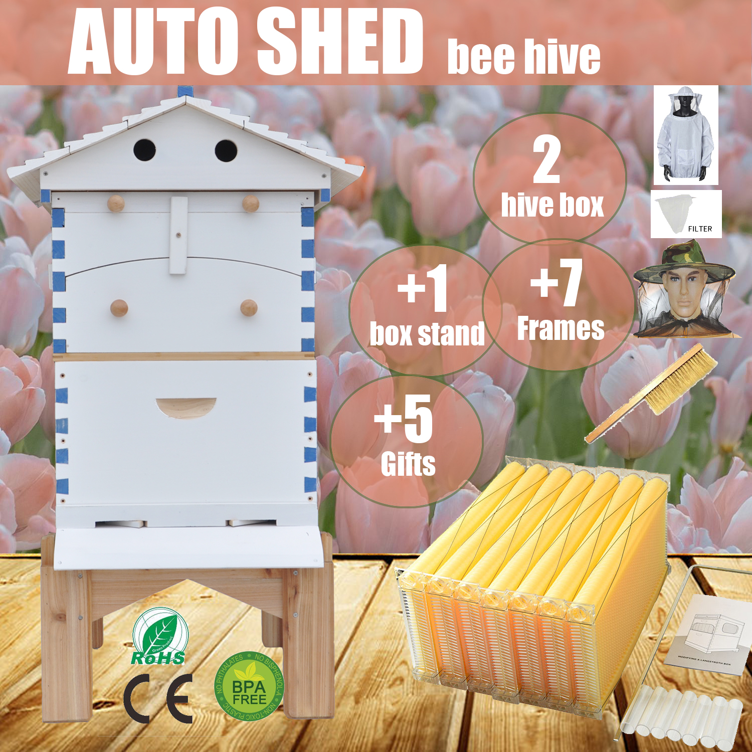 US STOCK Wooden Auto Flow Beehives Beekeeping Boxes + 7x Bee Hives Frames+ Box Stand