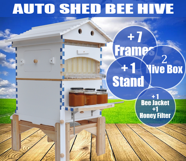 US STOCK Wooden Auto Flow Beehives Beekeeping Boxes + 7x Bee Hives Frames+ Box Stand