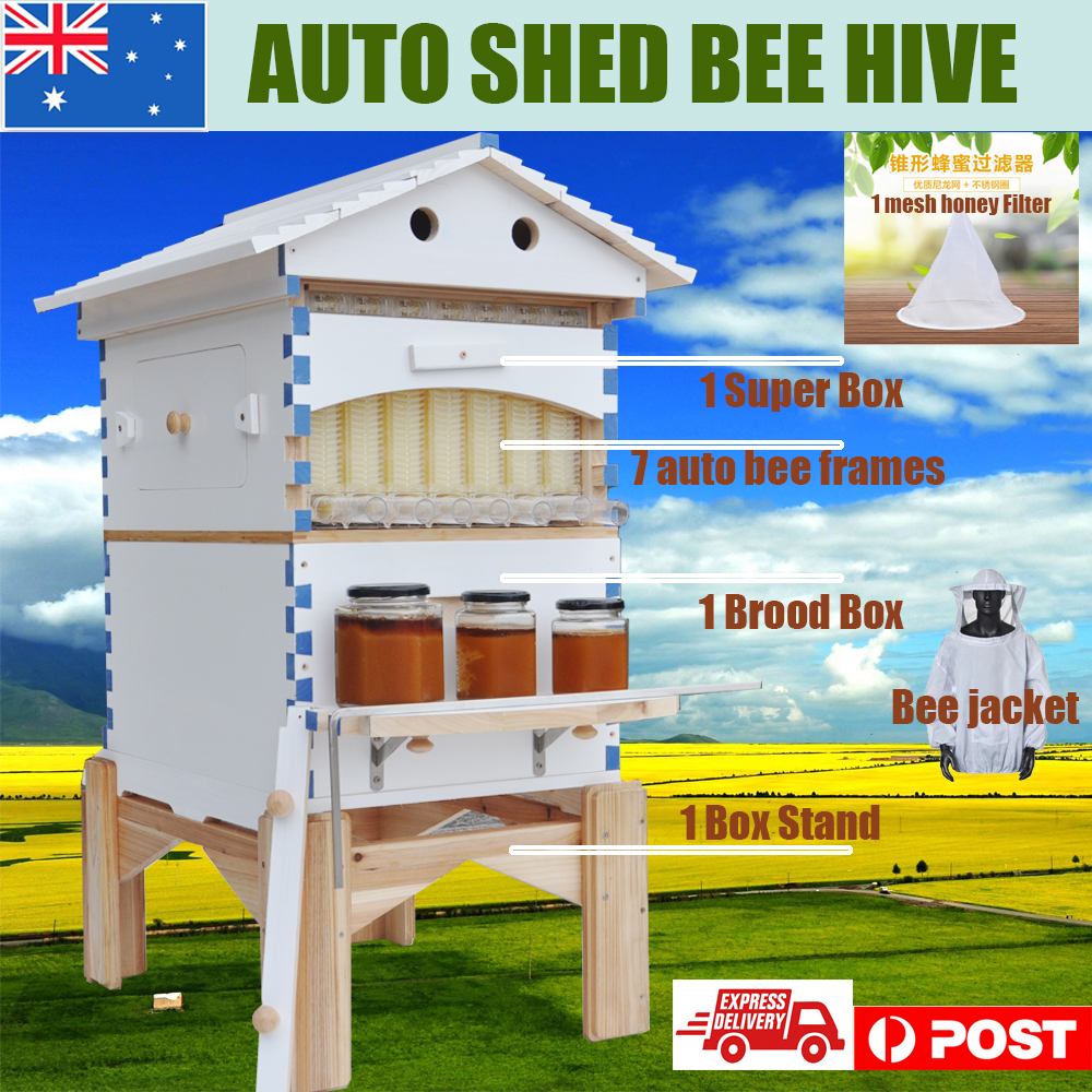 US STOCK Wooden Auto Flow Beehives Beekeeping Boxes + 7x Bee Hives Frames+ Box Stand