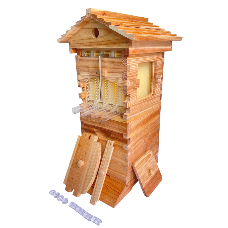Mini Auto Flow Beehive Beekeeping Boxes Fir Wooden Bee Hive + 4 flow frames + 6 Bee Foundation Deep Bee Hive Wax Foundation Bee Hive Frames