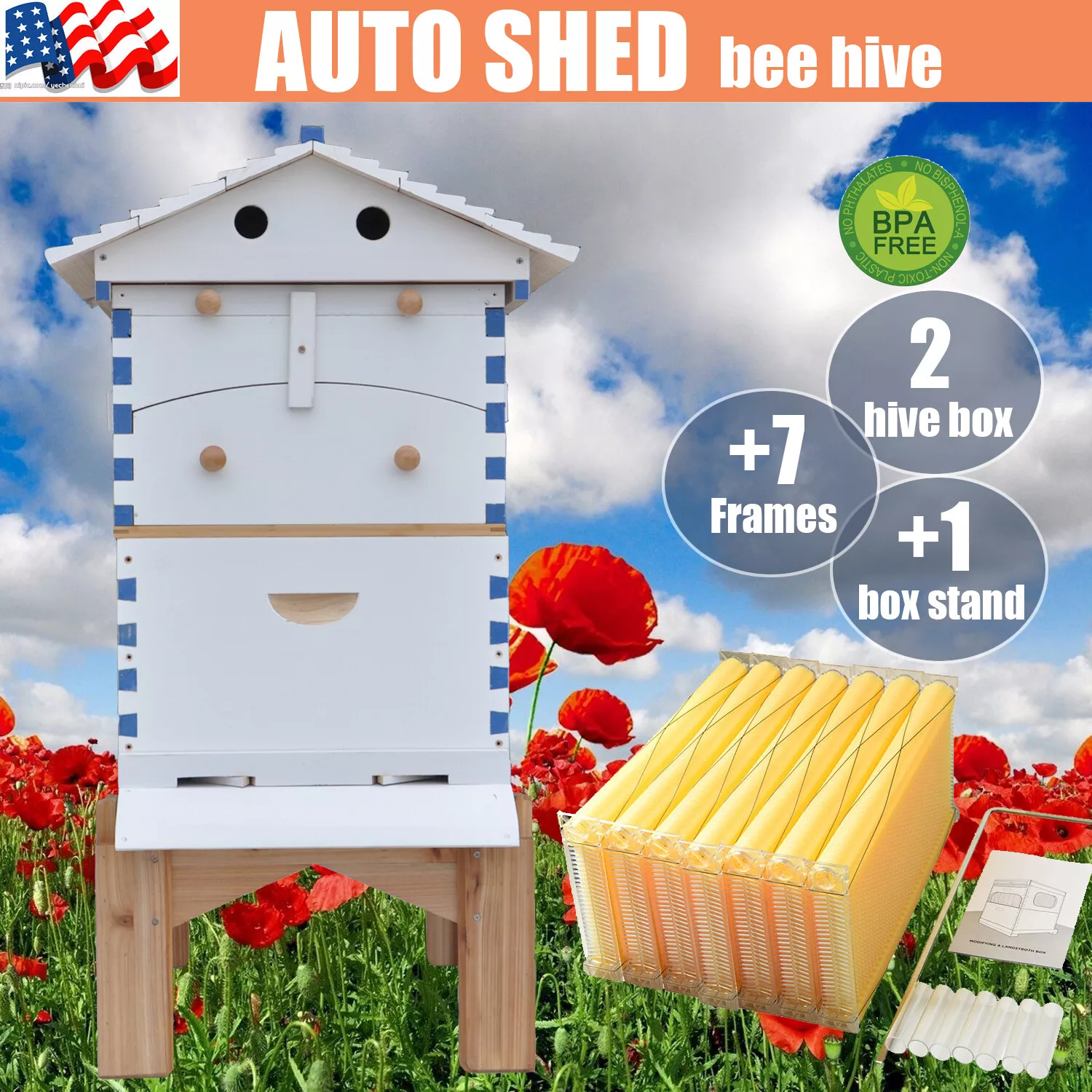 US STOCK Wooden Auto Beehives Beekeeping Boxes + 7x Bee Hives Frames+ Box Stand