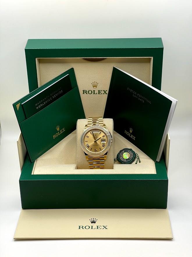 Rolex Day-Date 40 Presidential Champagne dial, Fluted Bezel, President bracelet, Yellow gold Watch