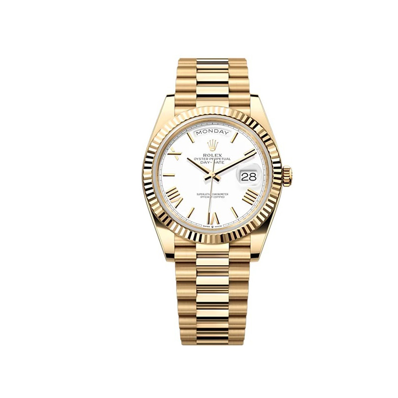 Rolex Day-Date 40 Presidential White dial, Fluted Bezel, President bracelet, Yellow gold Watch