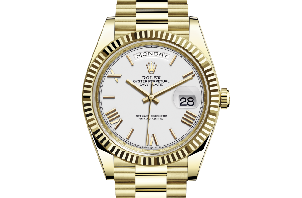 Rolex Day-Date 40 Presidential White dial, Fluted Bezel, President bracelet, Yellow gold Watch