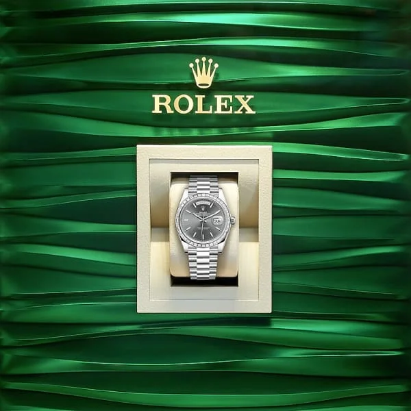 Rolex Day-Date 40 Presidential Black dial, Diamond Bezel, President bracelet, White gold Watch