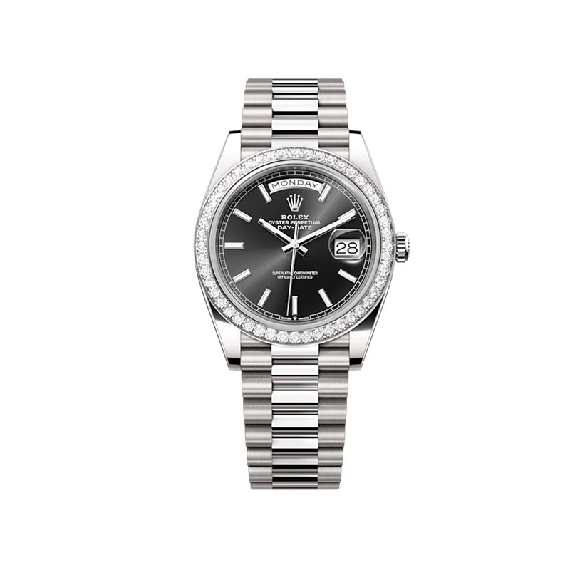 Rolex Day-Date 40 Presidential Black dial, Diamond Bezel, President bracelet, White gold Watch
