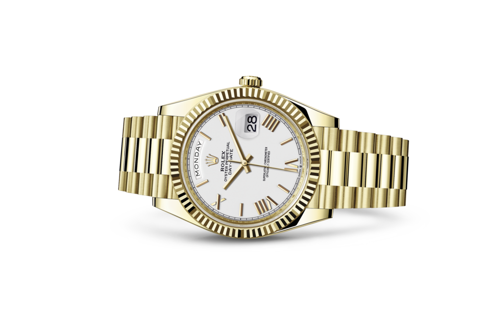 Rolex Day-Date 40 Presidential White dial, Fluted Bezel, President bracelet, Yellow gold Watch