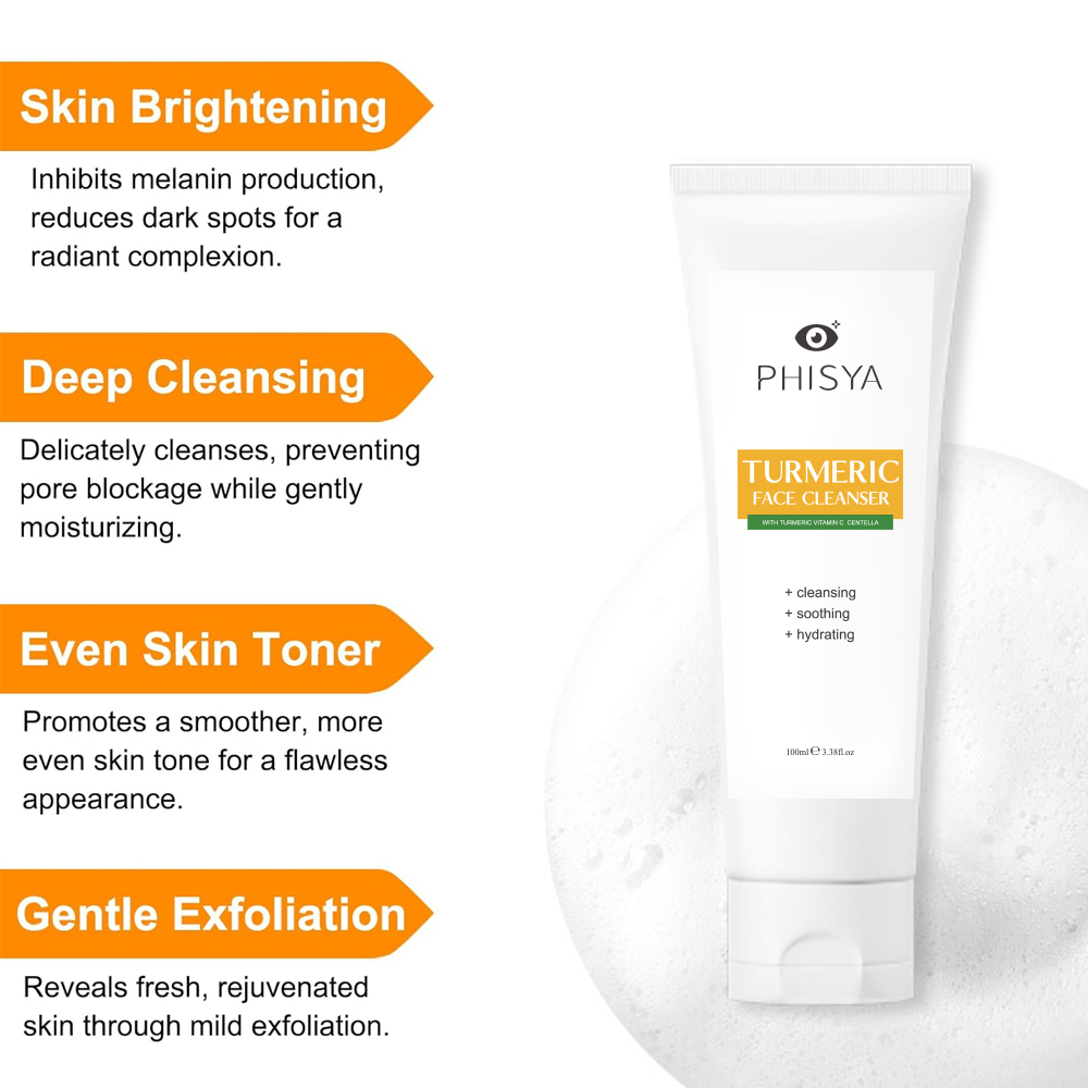 PHISYA Whitening Brightening Facial Cleanser For Acne Skin With Turmeric Vitamins Aloe Vera Gel Amino Acid Foaming Cream