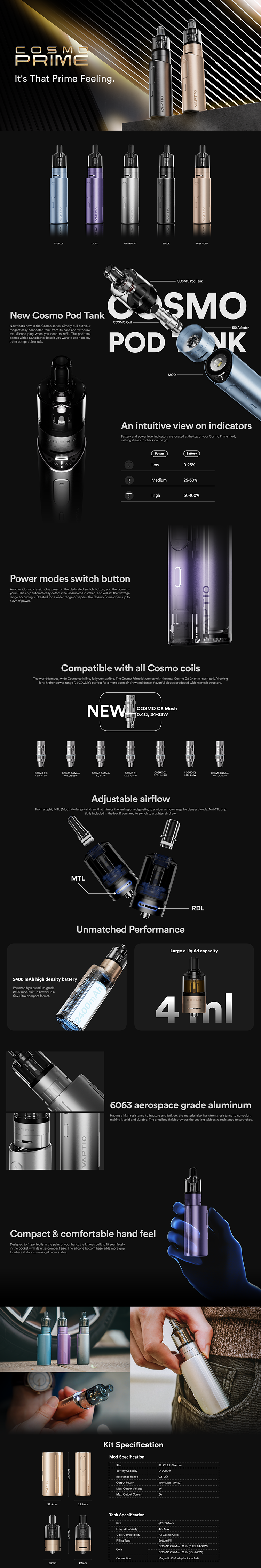 VAPTIO Cosmo Prime 40w 主流 三段調壓輸出 主機套裝 成品芯 霧化器