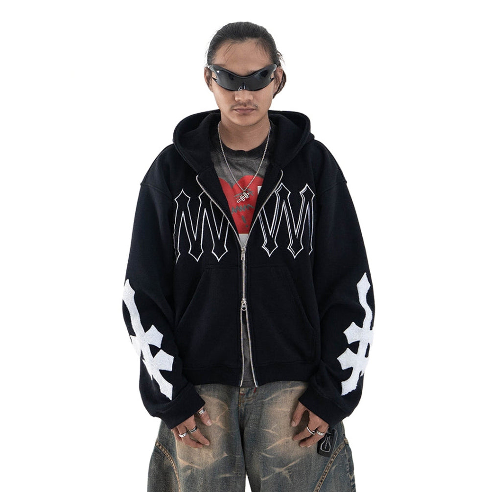 Denimitup H zigzag Double Zip - Jet Black - Hoodie