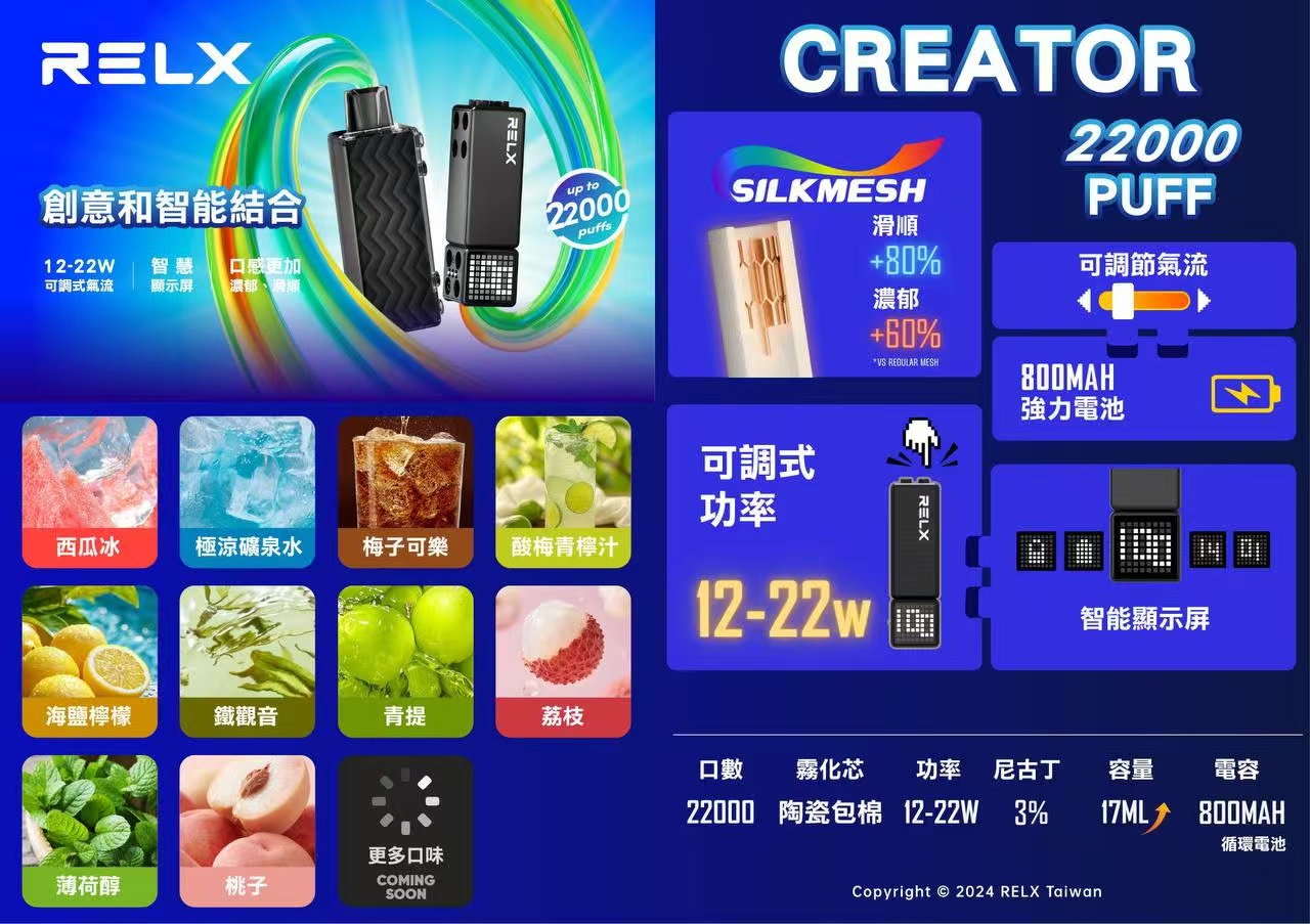 限時活動-買3盒煙彈+$100送主機/正品悅刻積木樂高 RELX Creator 22000口｜智能顯示・可調功率・長效續航-台灣現貨