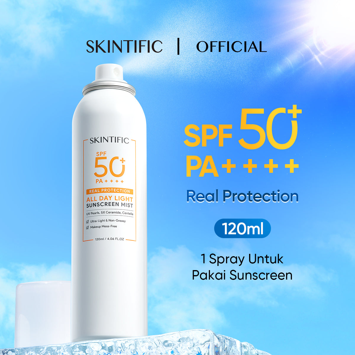 SKINTIFIC All Day Light Sunscreen Mist SPF50 PA++++ Sunscreen Spray Anti UV Wajah/Body Spray 120ml