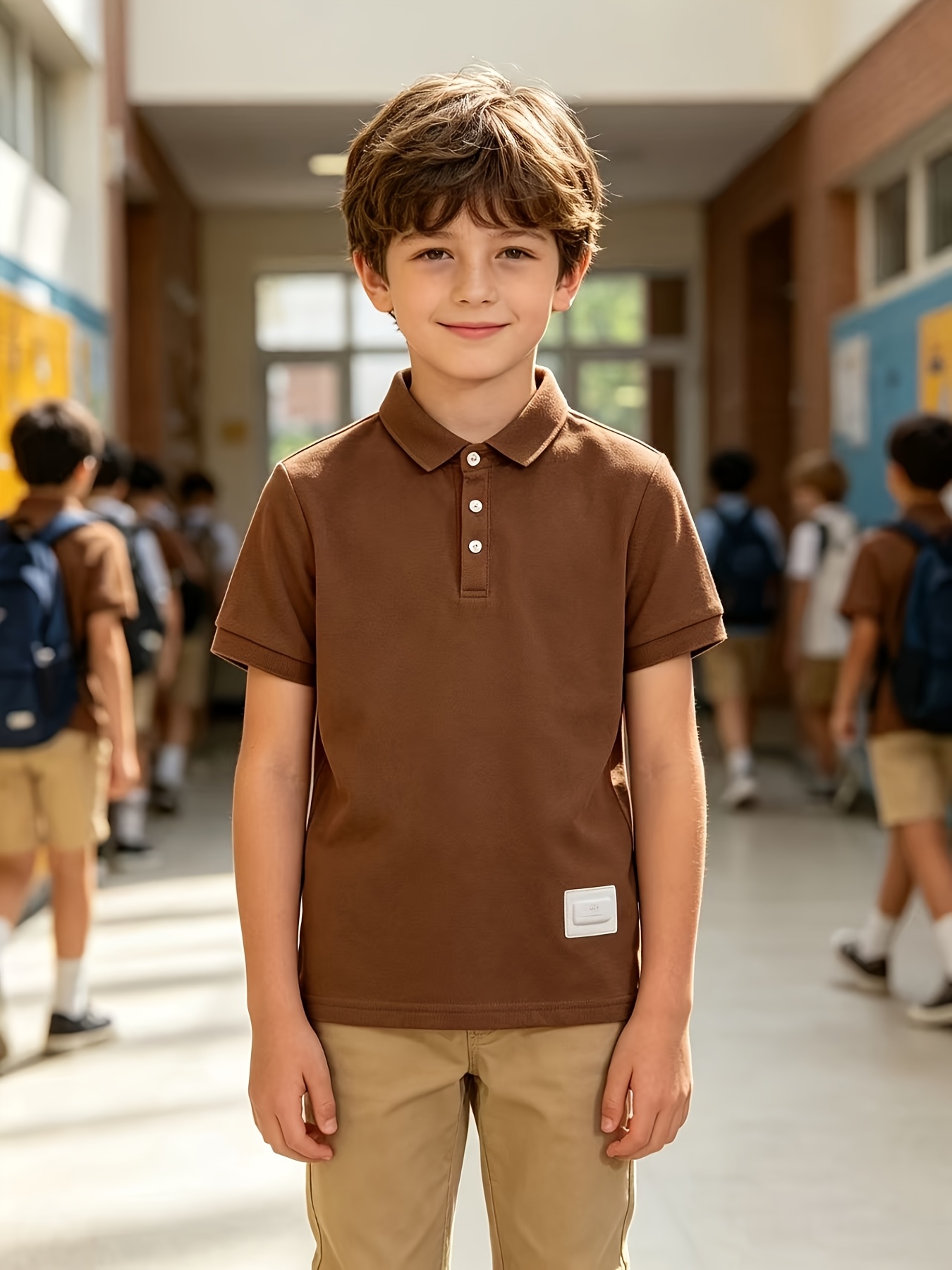 Summer! Solid Color Short-Sleeve Polo Shirt for Kids, Simple Label Design, Wrinkle-Resistant, Not Easily Deformed, Fresh and Breathable T-Shirt Top, Preppy Style, Boys' Daily Wear Lapel Shirt, Summer, Regular Fit