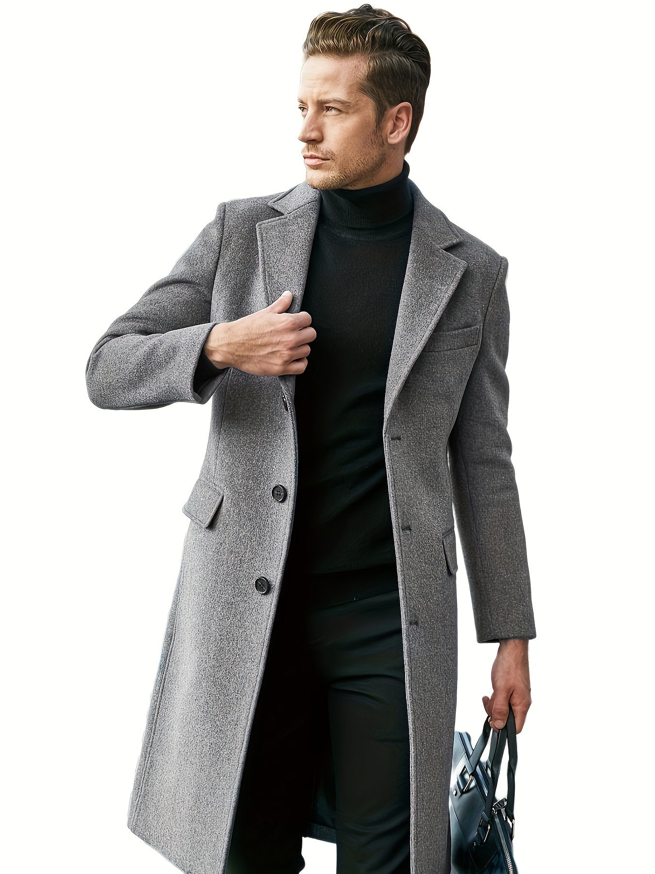 Men s Stylish Retro Solid Long Sleeve Coat Windbreaker Lapel Long Overcoat For Autumn Winter details 5