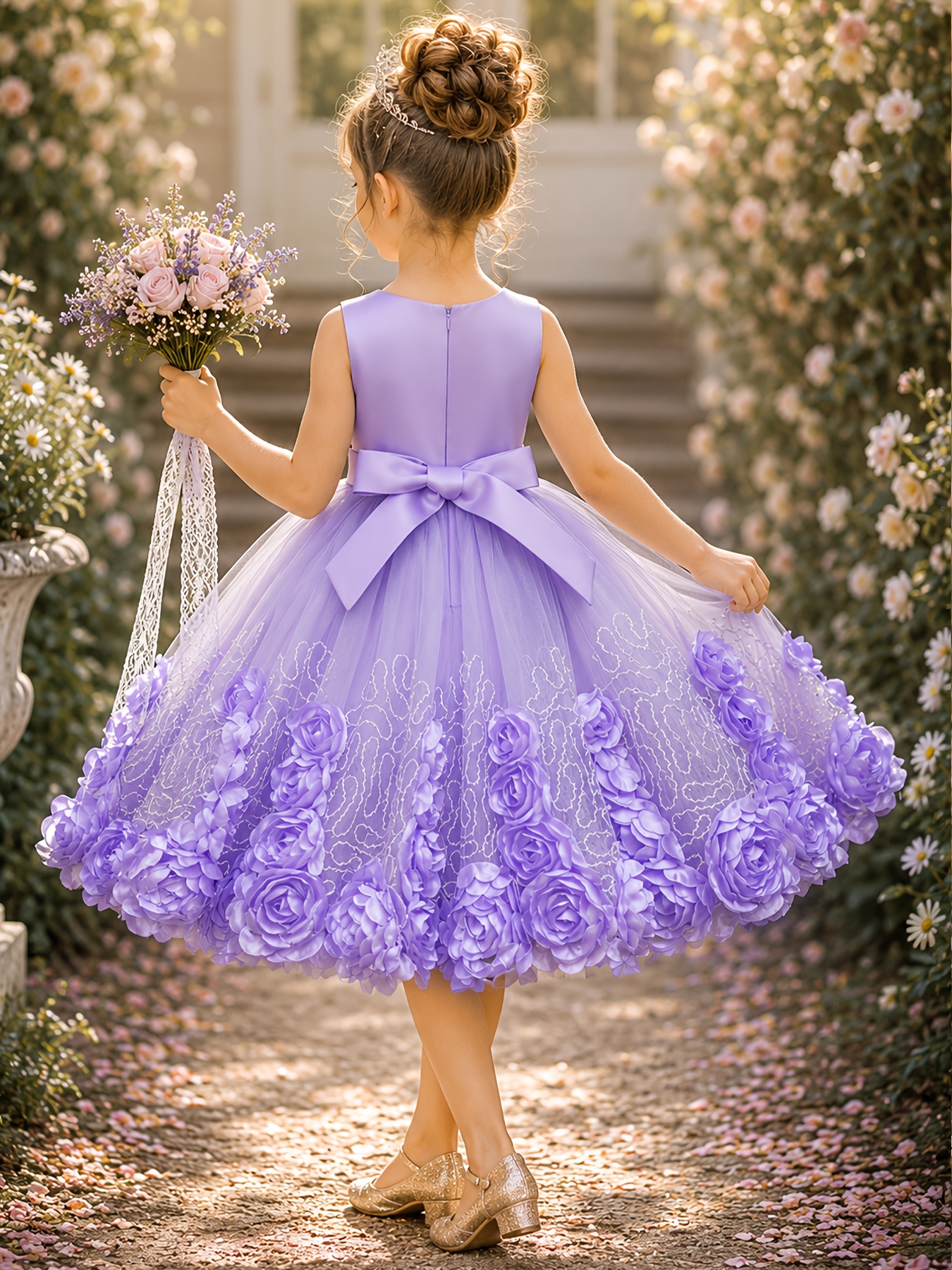 Girls' Dress Waistband Golden Sequined Skirt Bloom Circle Round Neck Vest Evening Attire Performance Flower Girl Dress