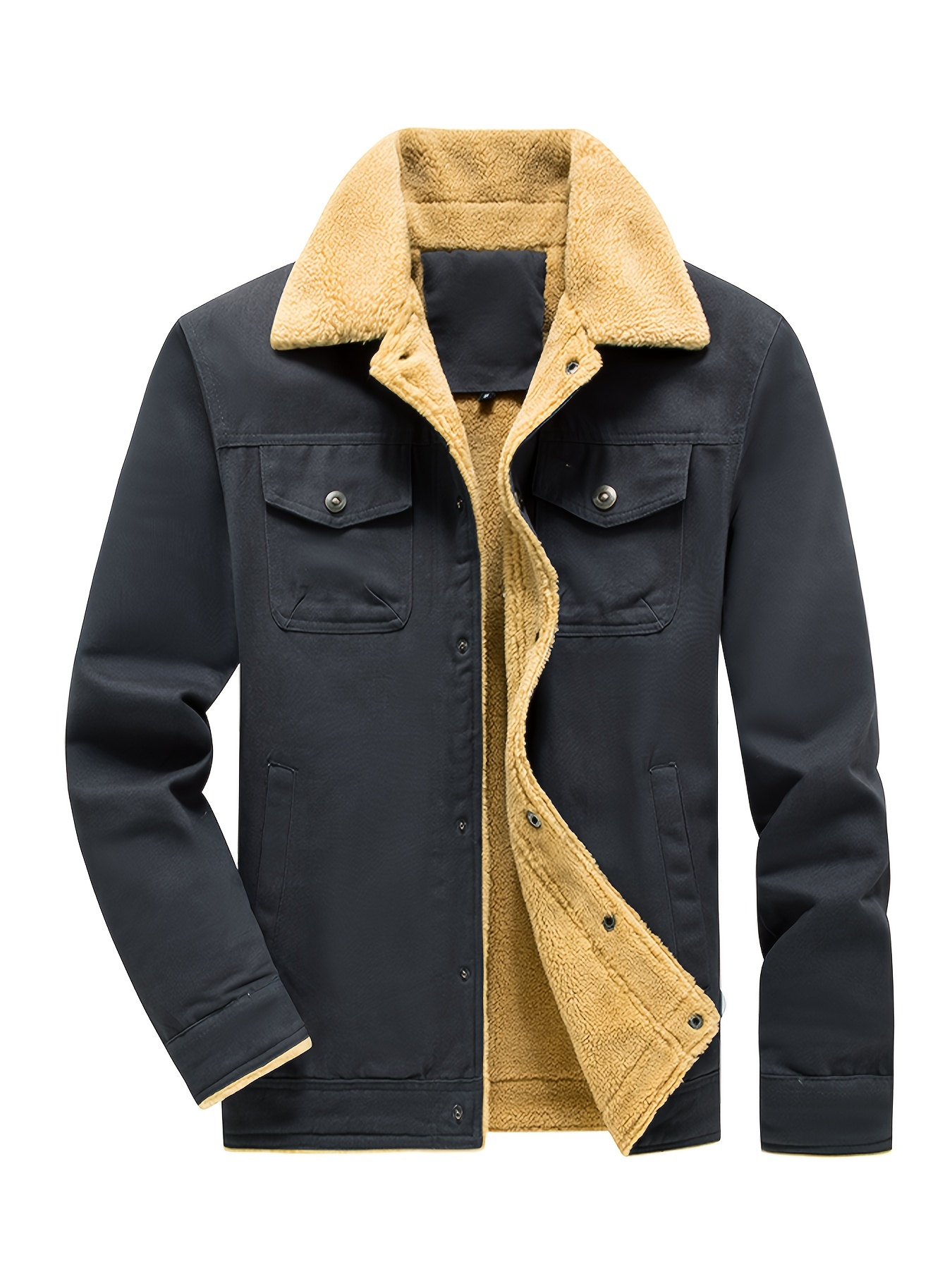 mens casual warm fleece flap pocket jacket chic cotton button up jacket for fall winter details 4