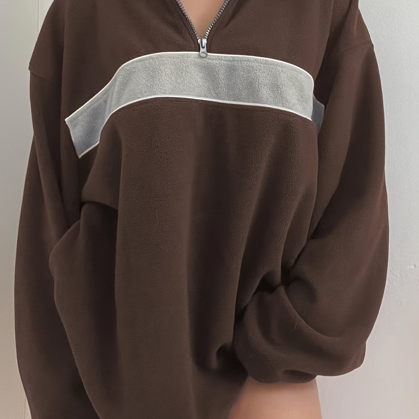 Retro Lapel Thermal Pullover, Casual Striped Colorblock Fashion Loose Long Sleeve Sweatshirt, Women's Clothing