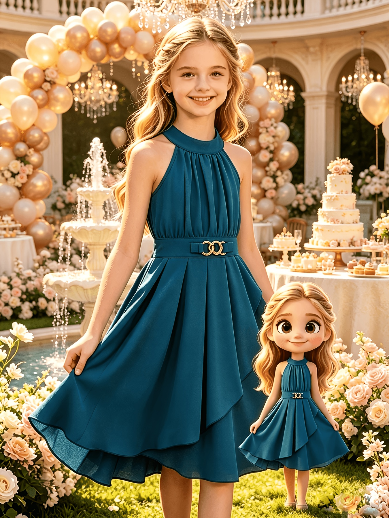 Elegant off-shoulder halter neck mid-length dress for girls with gold-tone decorative buttons at the waist. A stylish and elegant princess dress for spring/summer, suitable for occasions such as parties, performances, formal events, daily casual