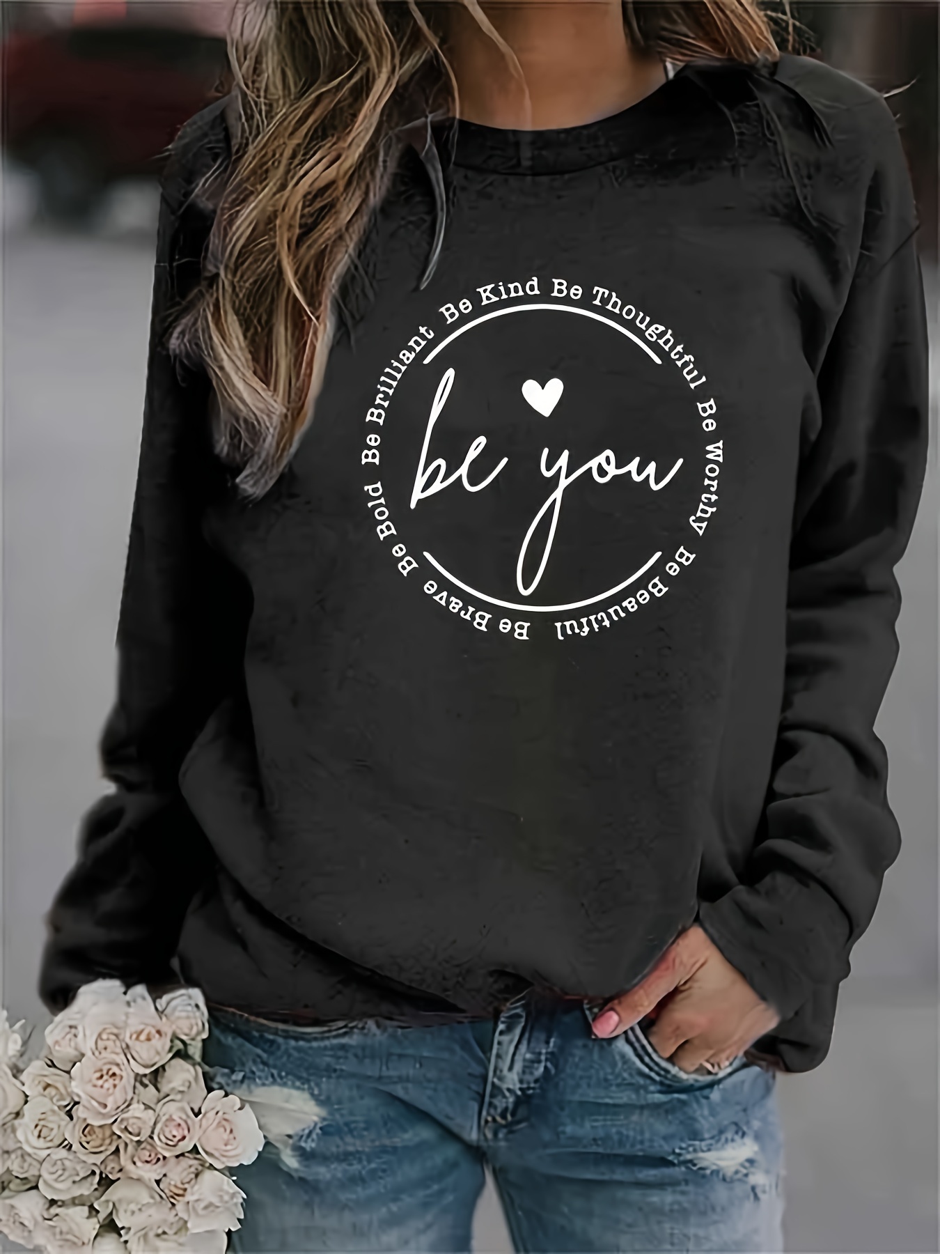 be you print sweatshirt casual long sleeve crew neck sweatshirt womens clothing details 25