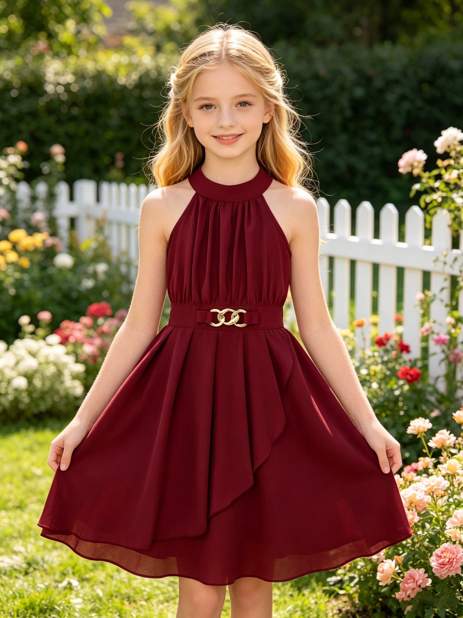 Elegant off-shoulder halter neck mid-length dress for girls with gold-tone decorative buttons at the waist. A stylish and elegant princess dress for spring/summer, suitable for occasions such as parties, performances, formal events, daily casual