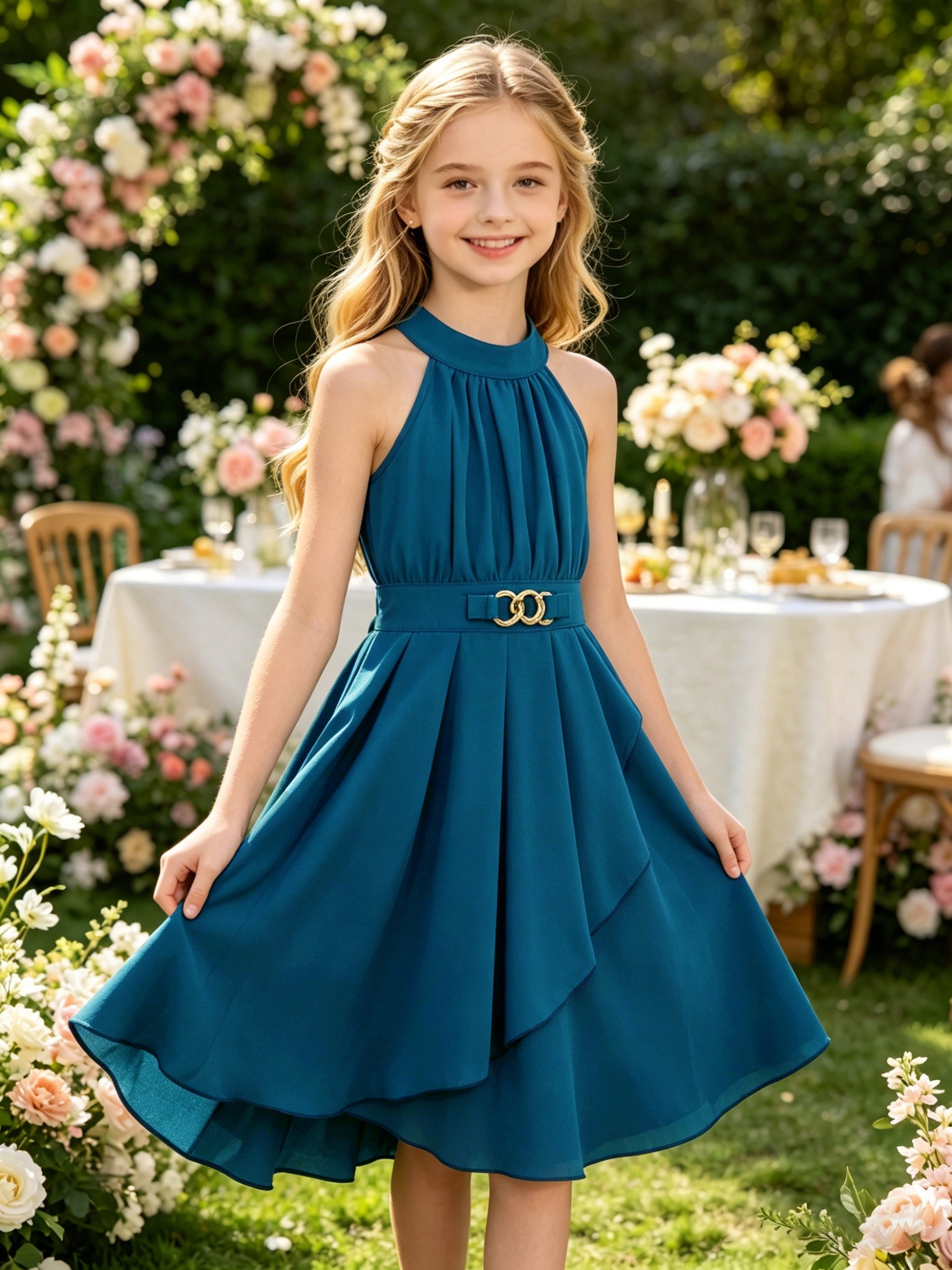 Elegant off-shoulder halter neck mid-length dress for girls with gold-tone decorative buttons at the waist. A stylish and elegant princess dress for spring/summer, suitable for occasions such as parties, performances, formal events, daily casual