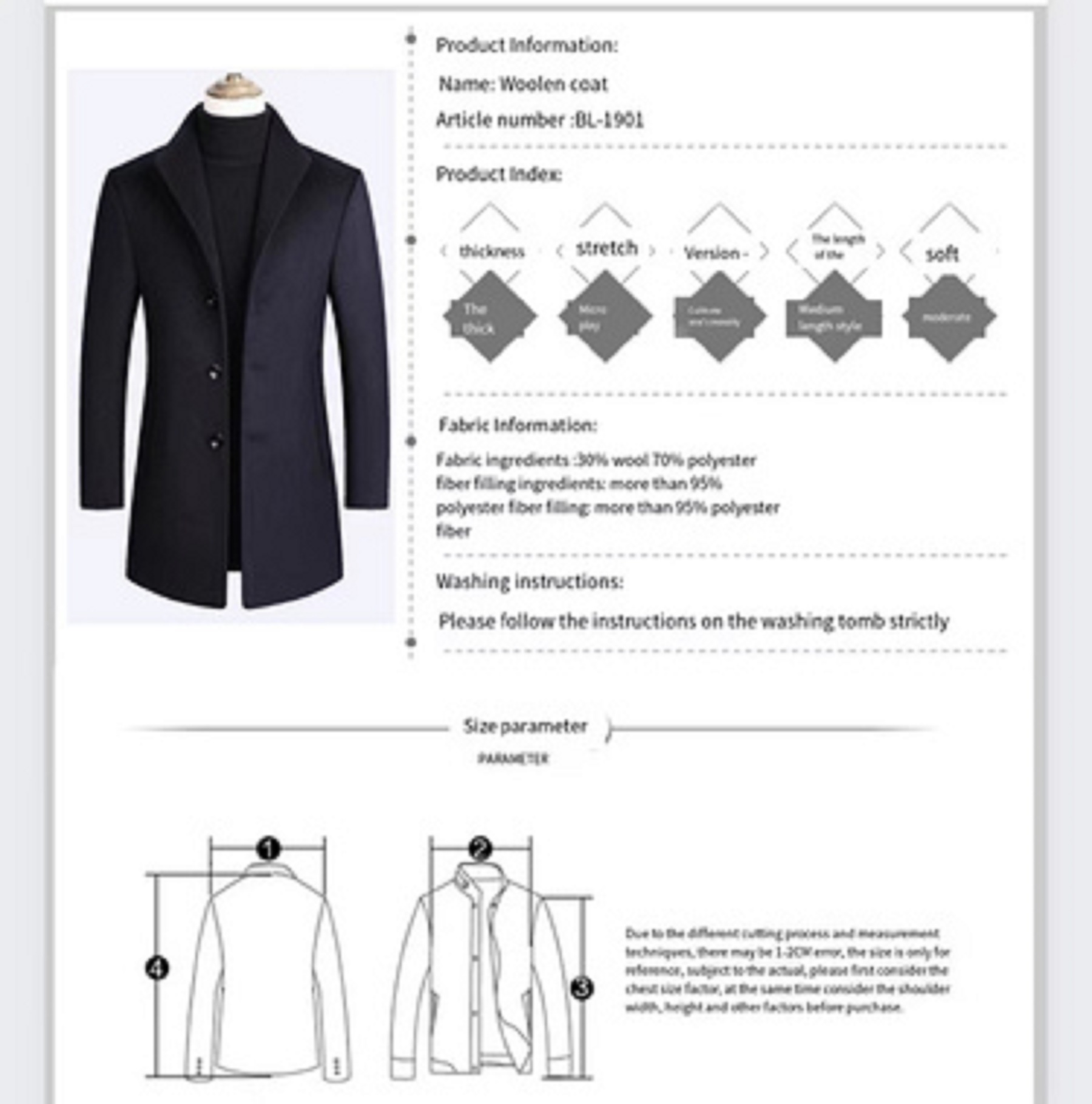 new mens business coat slim long woolen coat details 1