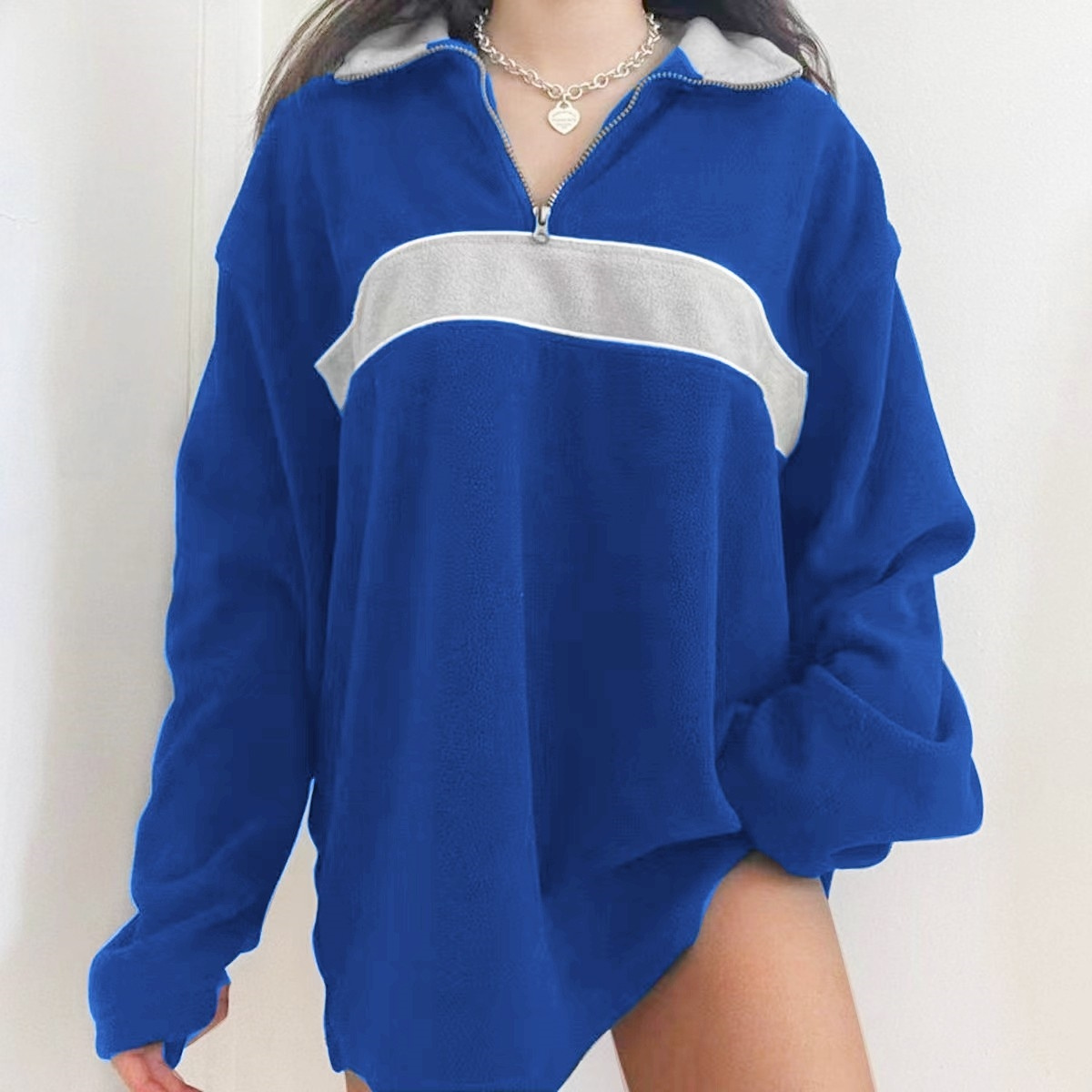 retro lapel thermal pullover casual striped colorblock fashion loose long sleeve sweatshirt womens clothing details 8