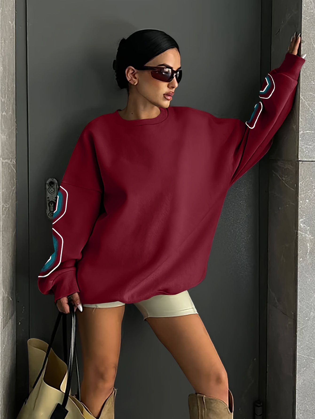 letter print drop shoulder sweatshirt casual long sleeve crew neck sweatshirt for fall winter womens clothing details 36