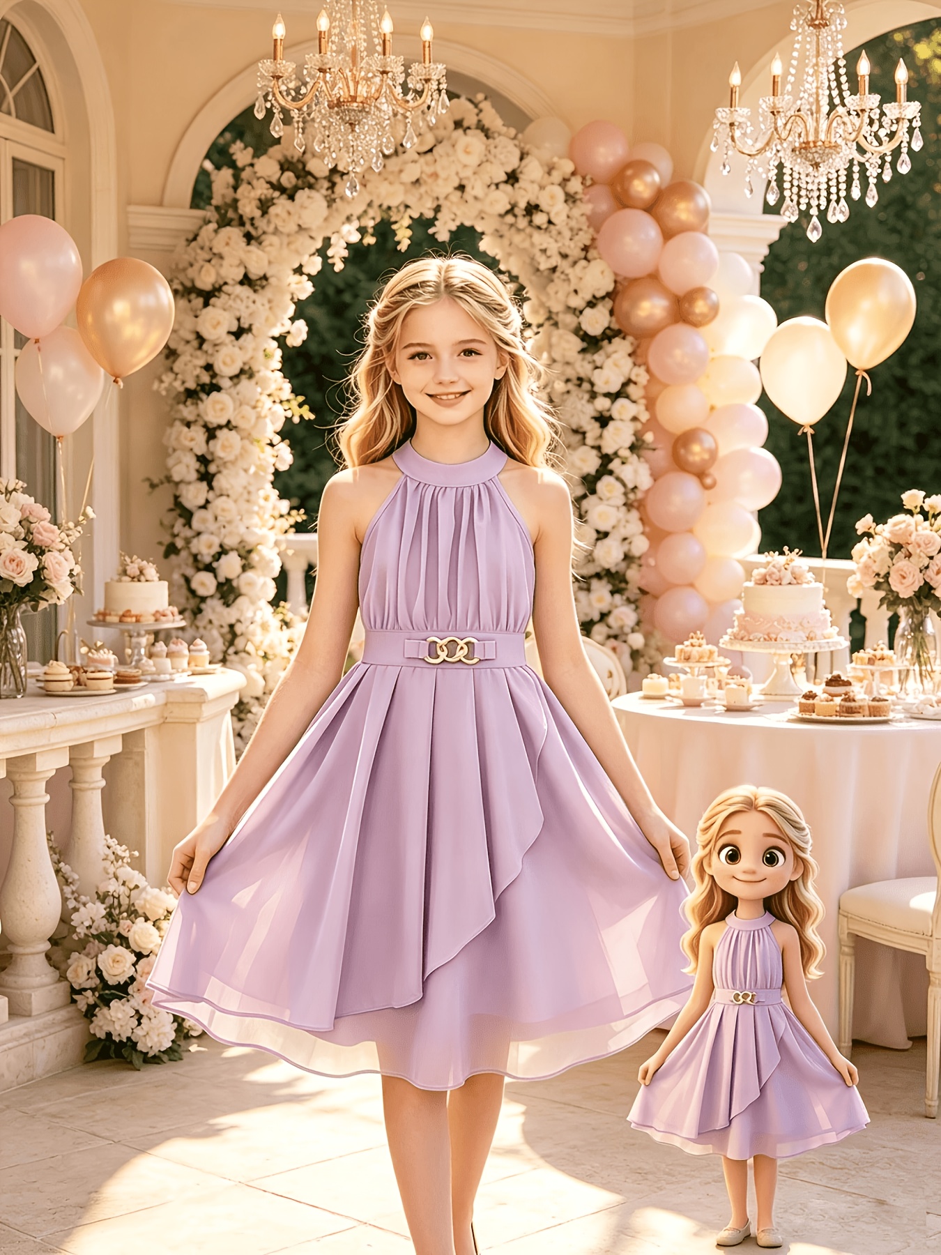 Elegant off-shoulder halter neck mid-length dress for girls with gold-tone decorative buttons at the waist. A stylish and elegant princess dress for spring/summer, suitable for occasions such as parties, performances, formal events, daily casual