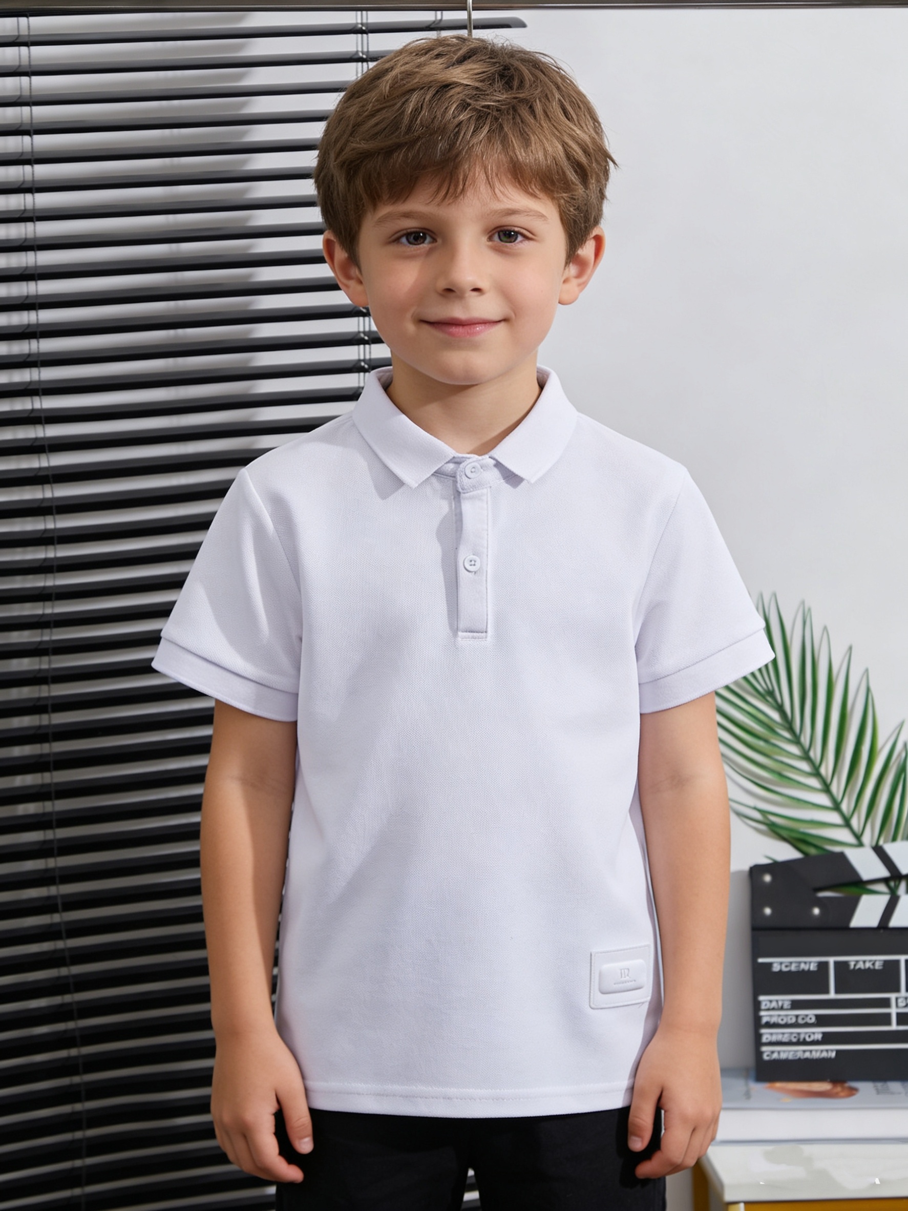 Summer! Solid Color Short-Sleeve Polo Shirt for Kids, Simple Label Design, Wrinkle-Resistant, Not Easily Deformed, Fresh and Breathable T-Shirt Top, Preppy Style, Boys' Daily Wear Lapel Shirt, Summer, Regular Fit