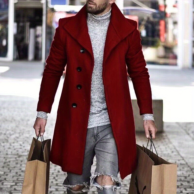 mens trendy retro solid long sleeve coat windbreaker lapel long overcoat for autumn winter details 30