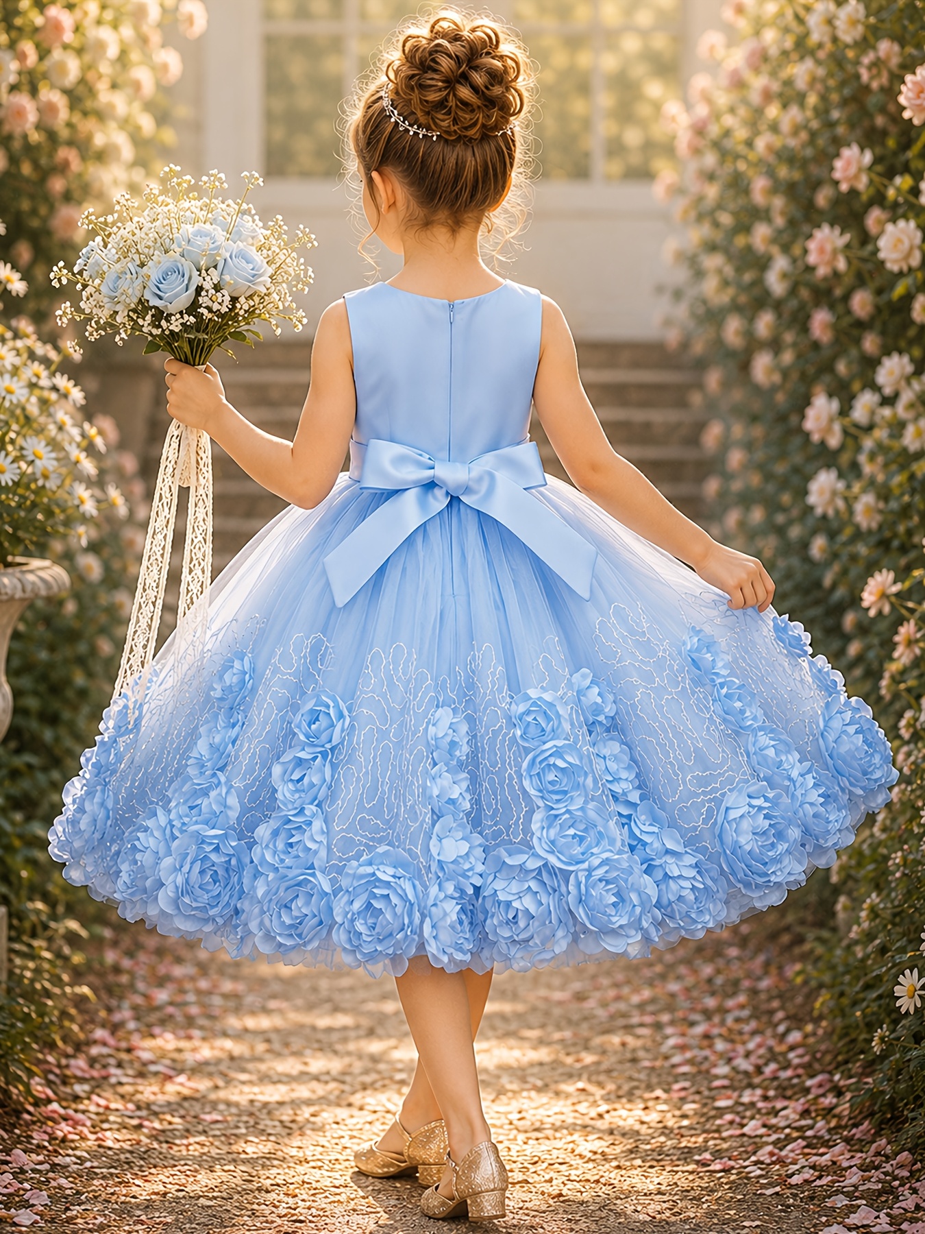 Girls' Dress Waistband Golden Sequined Skirt Bloom Circle Round Neck Vest Evening Attire Performance Flower Girl Dress