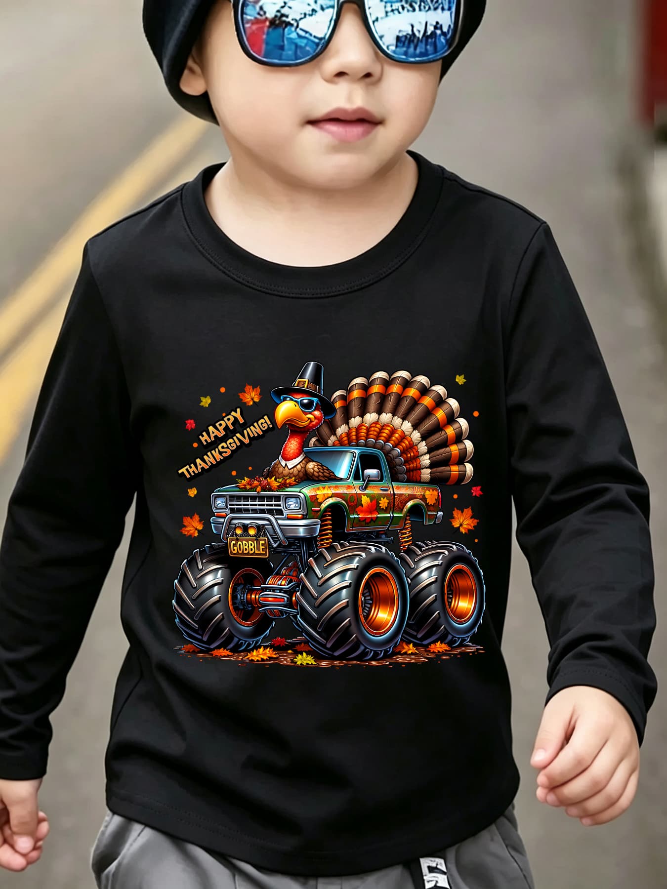 Thanksgiving Boys' Fashion Long-Sleeve T-Shirt, "Happy Thanksgiving" Truck-Driving Turkey Cartoon Print, Outdoor Casual Top CX9252
