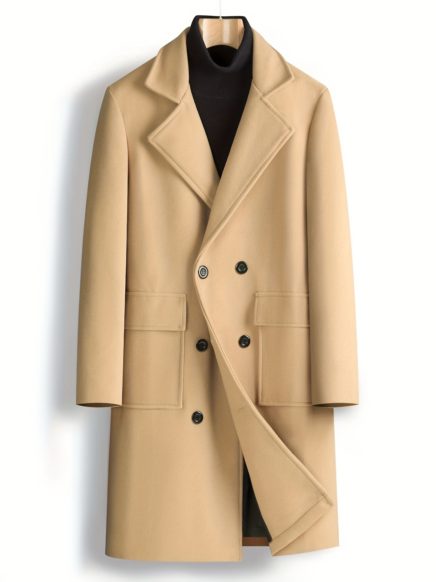 chic elegant double breasted trench coat mens casual lapel flap pocket woolen overcoat for fall winter business details 19