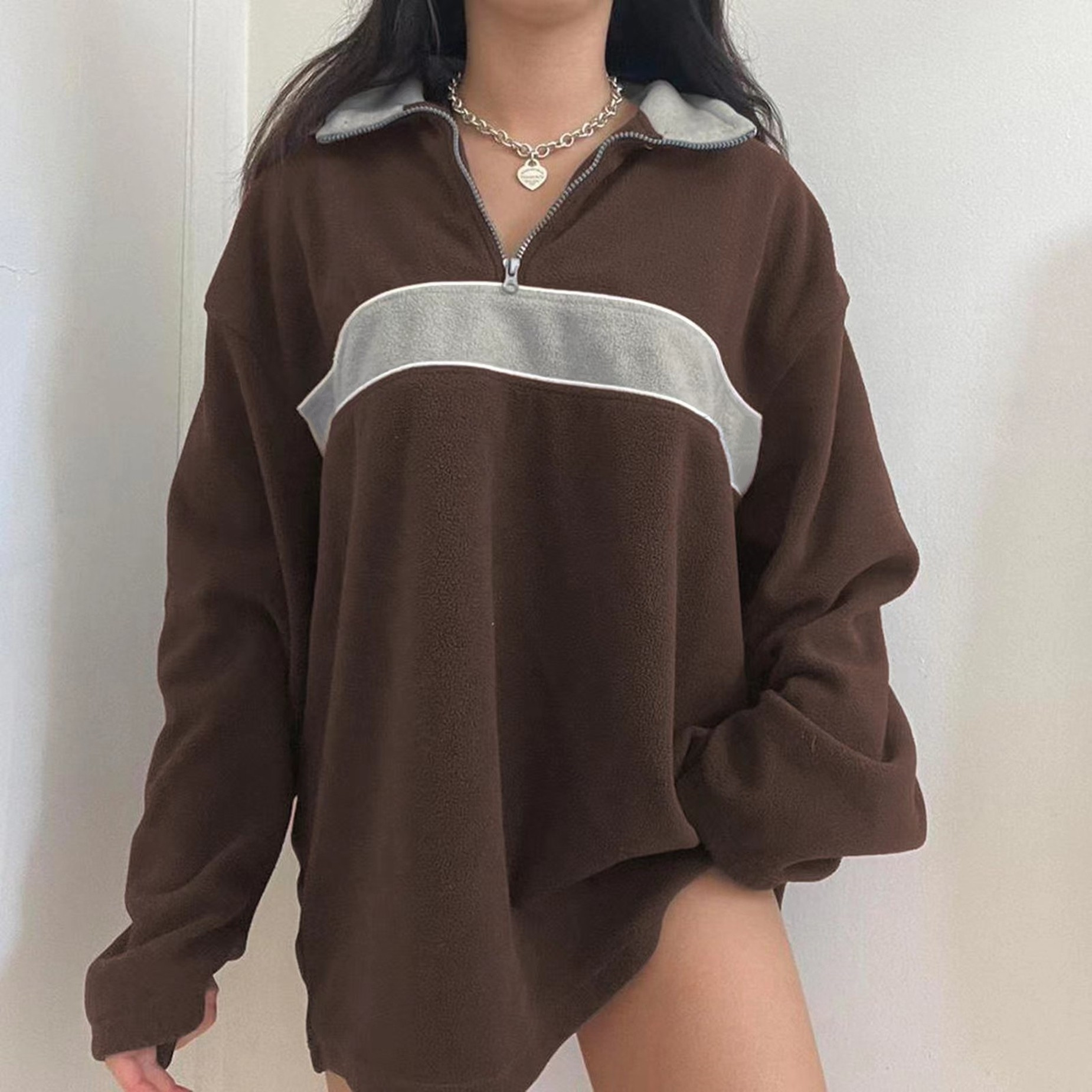 retro lapel thermal pullover casual striped colorblock fashion loose long sleeve sweatshirt womens clothing details 2