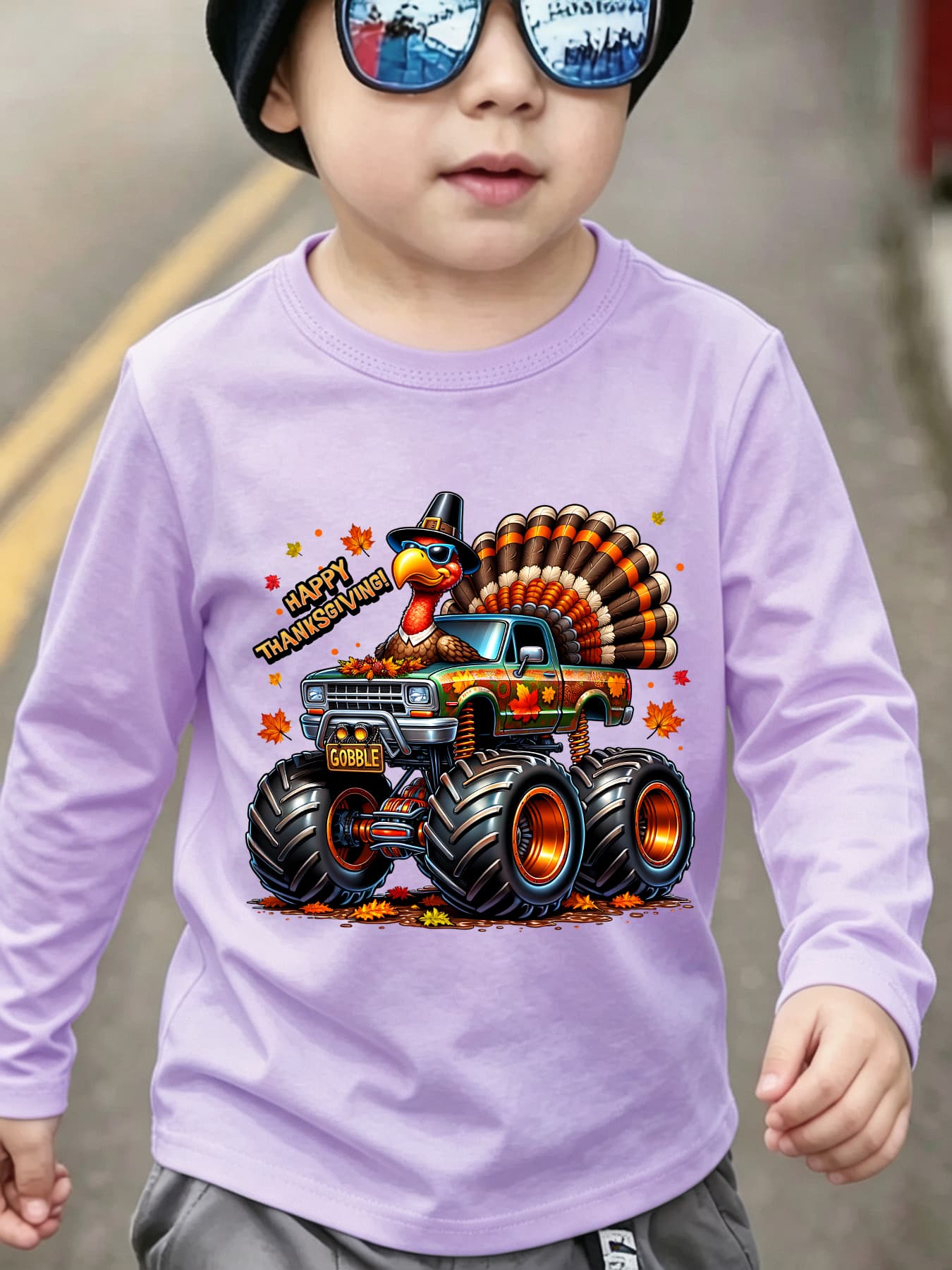Thanksgiving Boys' Fashion Long-Sleeve T-Shirt, "Happy Thanksgiving" Truck-Driving Turkey Cartoon Print, Outdoor Casual Top CX9252