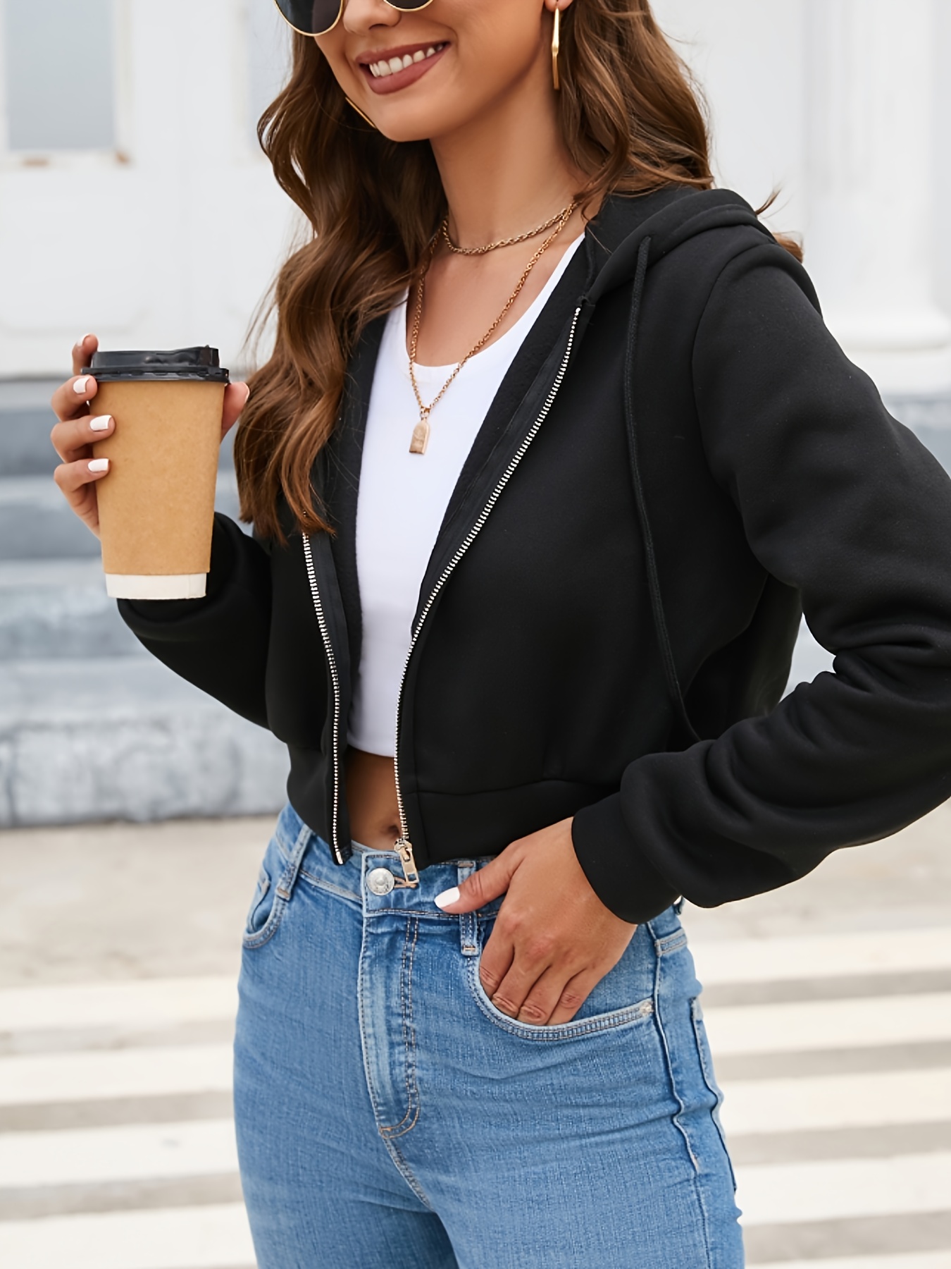 solid zip front drawstring crop hoodie sexy long sleeve hoodie for spring fall womens clothing details 1