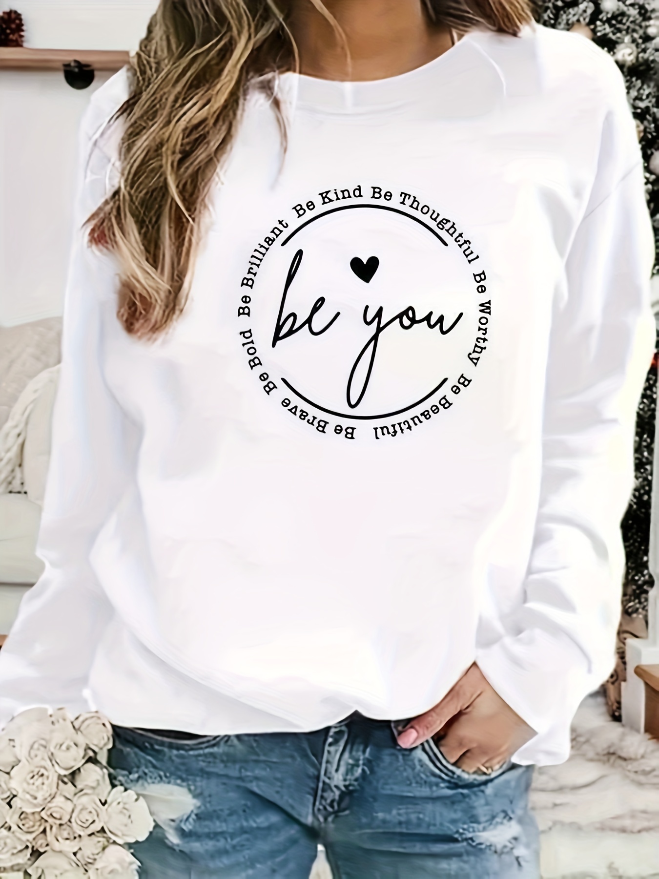 be you print sweatshirt casual long sleeve crew neck sweatshirt womens clothing details 30