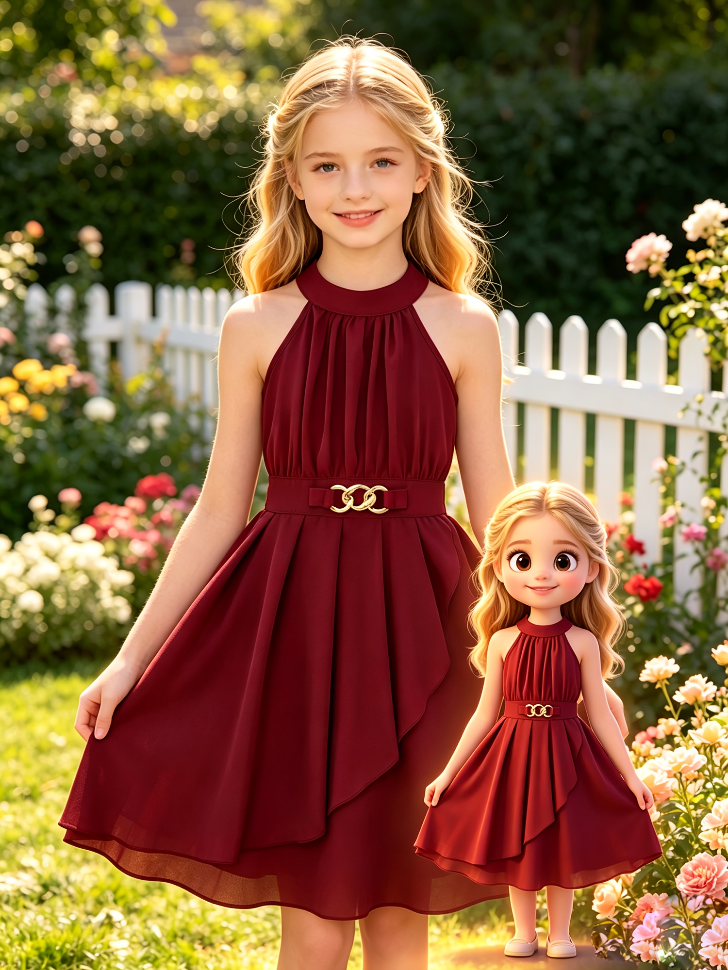 Elegant off-shoulder halter neck mid-length dress for girls with gold-tone decorative buttons at the waist. A stylish and elegant princess dress for spring/summer, suitable for occasions such as parties, performances, formal events, daily casual