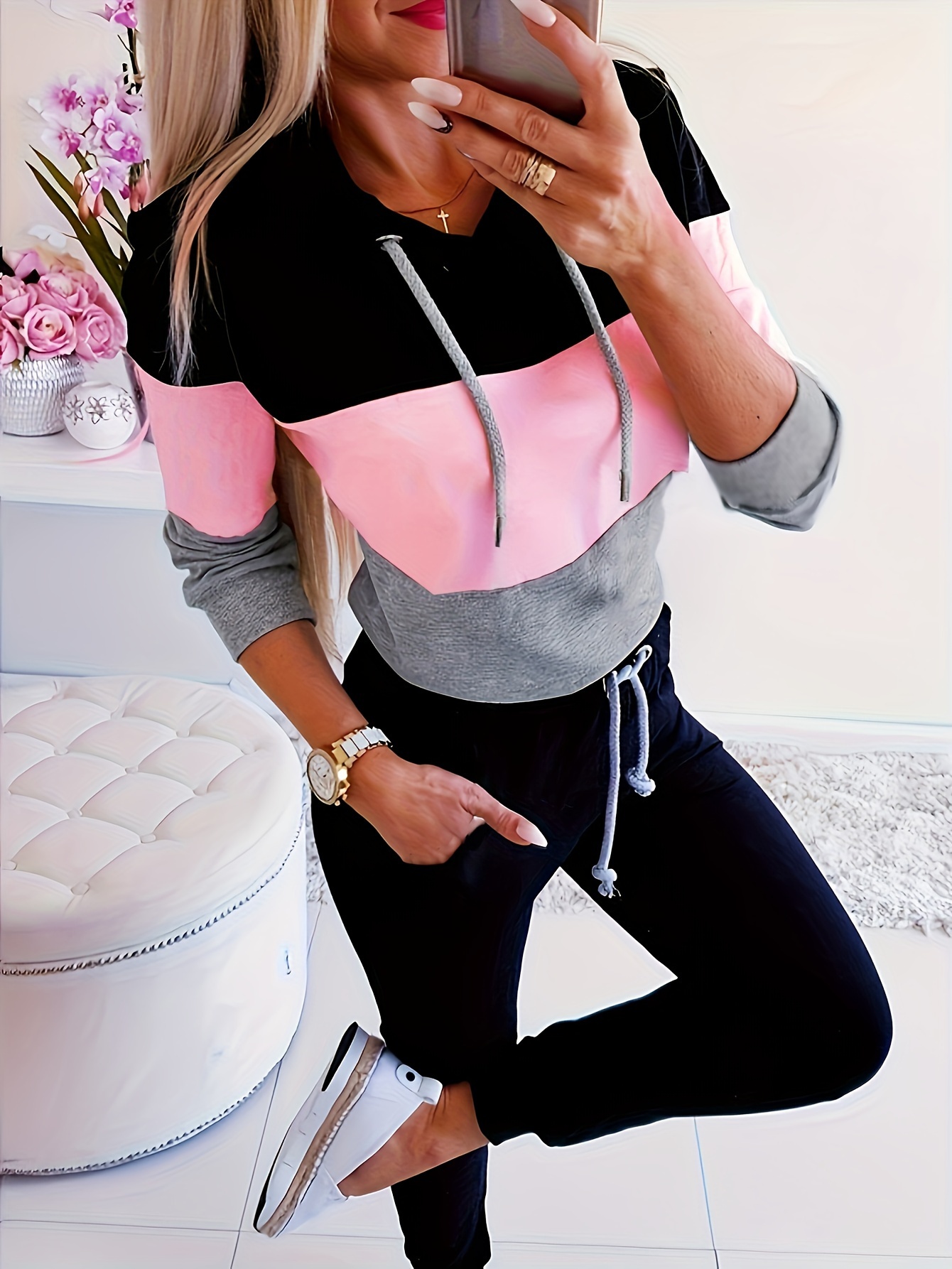 Women's Color Block Hoodie, Long Sleeve Drawstring Thermal Hoodies Sweatshirt, Women's Clothing