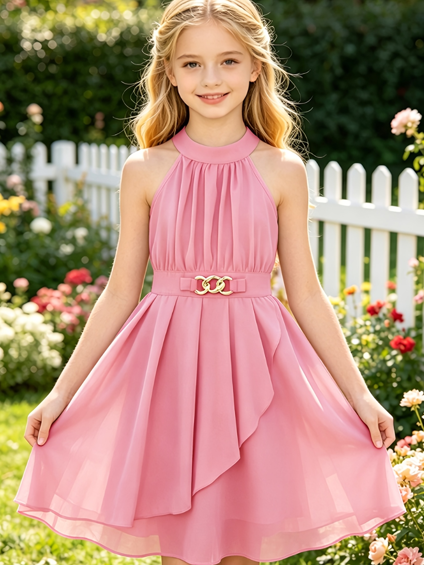 Elegant off-shoulder halter neck mid-length dress for girls with gold-tone decorative buttons at the waist. A stylish and elegant princess dress for spring/summer, suitable for occasions such as parties, performances, formal events, daily casual