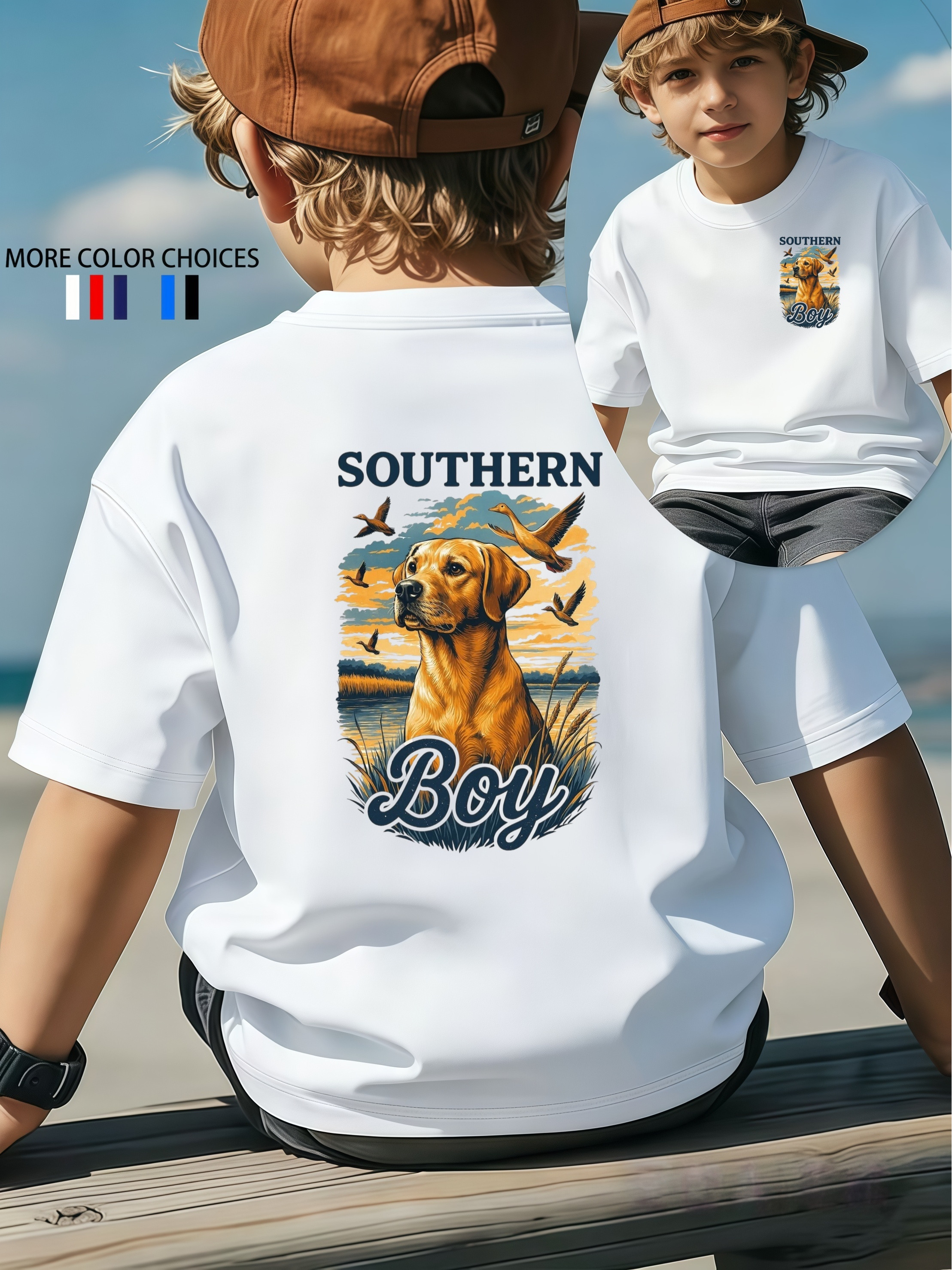 Boys Southern Boy Double-Sided Print T-Shirt | Summer Kids T-Shirt Vintage Country Style Breathable Top | Perfect for Family Camping/Fishing Trips/Gatherings | Ideal Gift Kids Love It