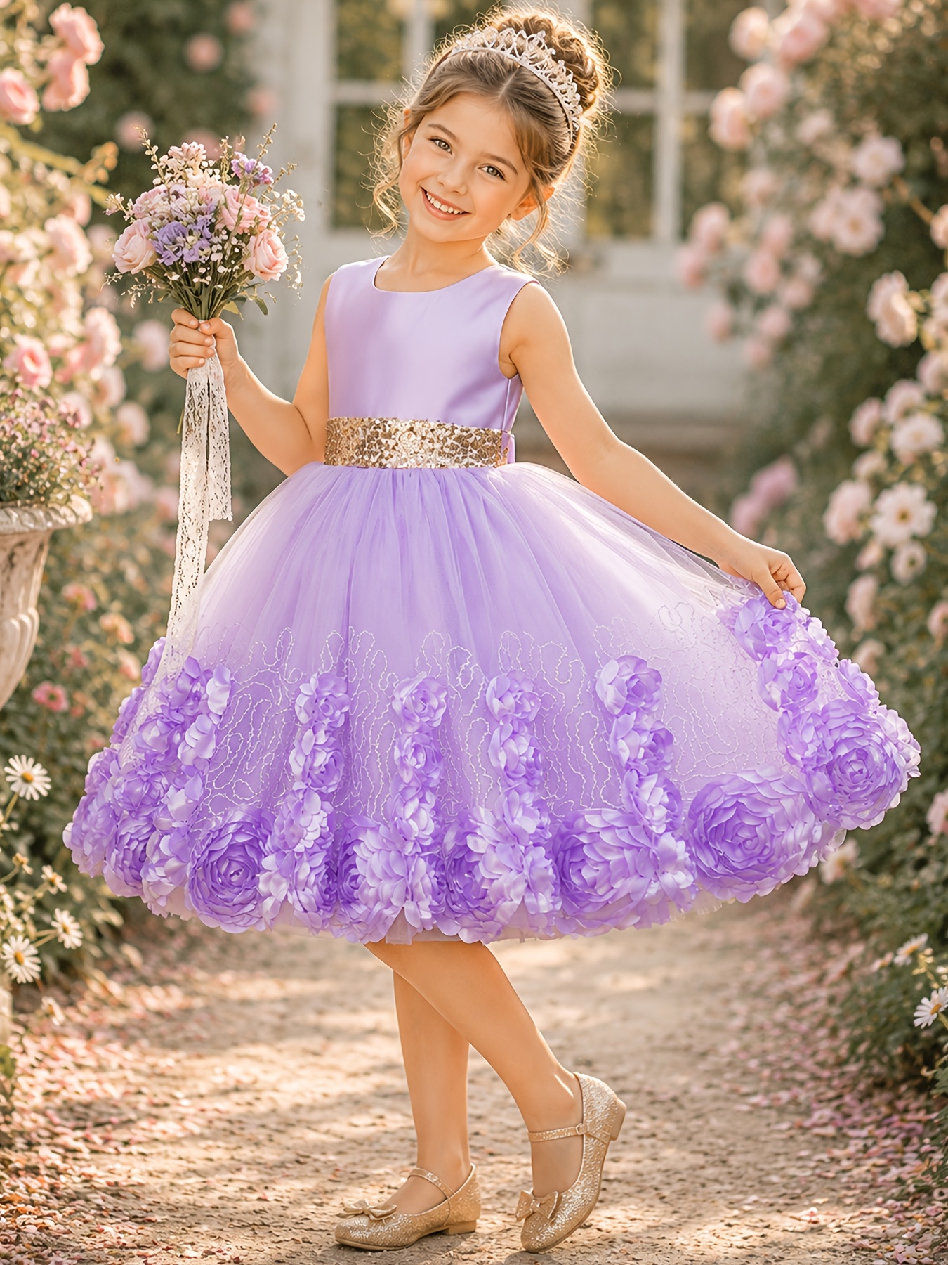 Girls' Dress Waistband Golden Sequined Skirt Bloom Circle Round Neck Vest Evening Attire Performance Flower Girl Dress