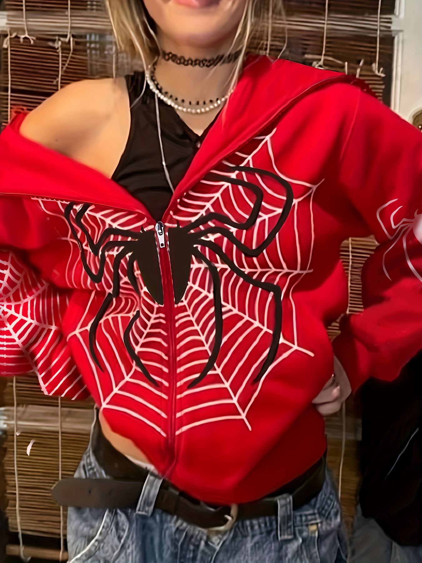 y2k spider print zip up hoodie long sleeve hoodies sweatshirt womens clothing details 0