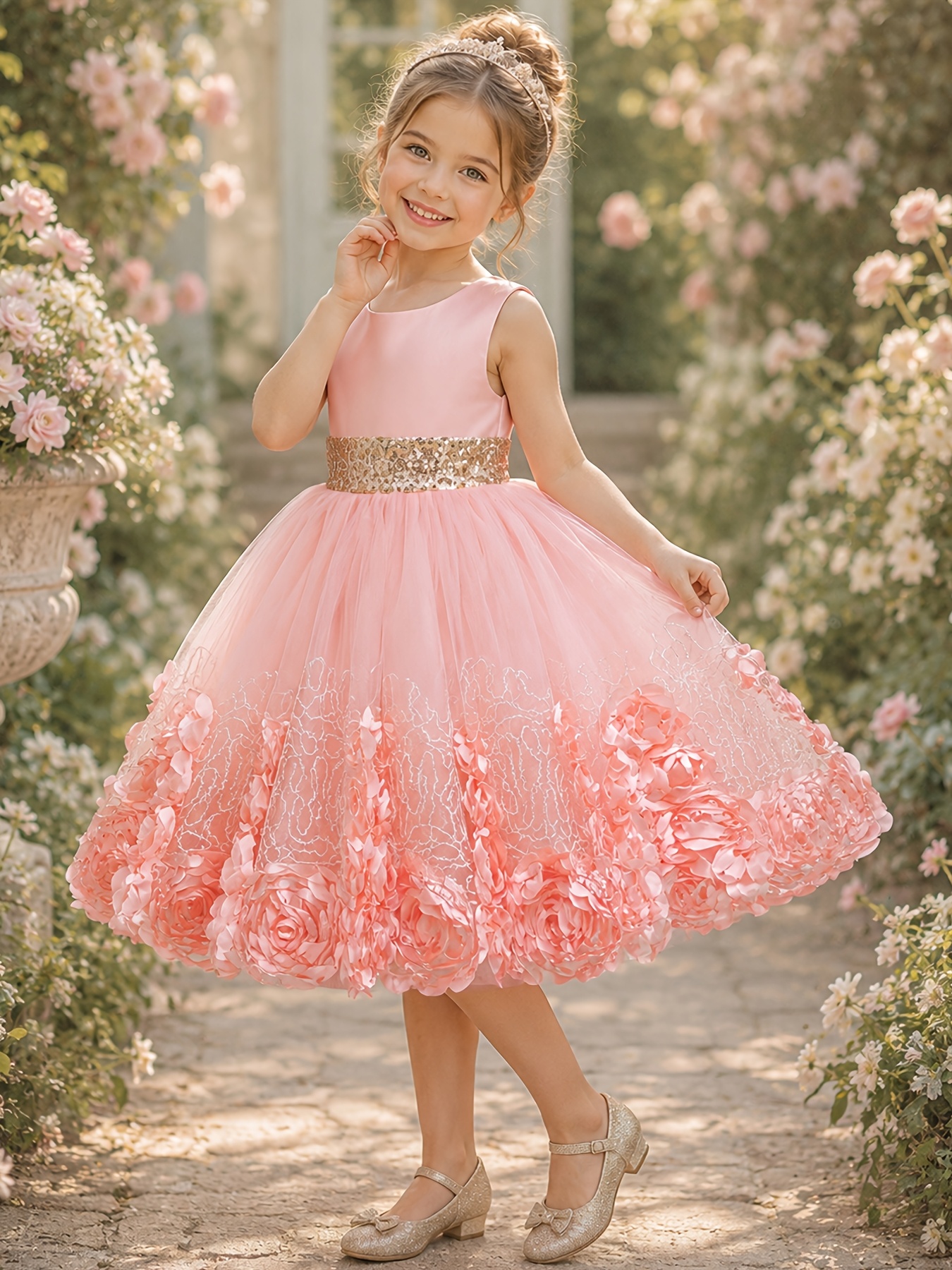 Girls' Dress Waistband Golden Sequined Skirt Bloom Circle Round Neck Vest Evening Attire Performance Flower Girl Dress