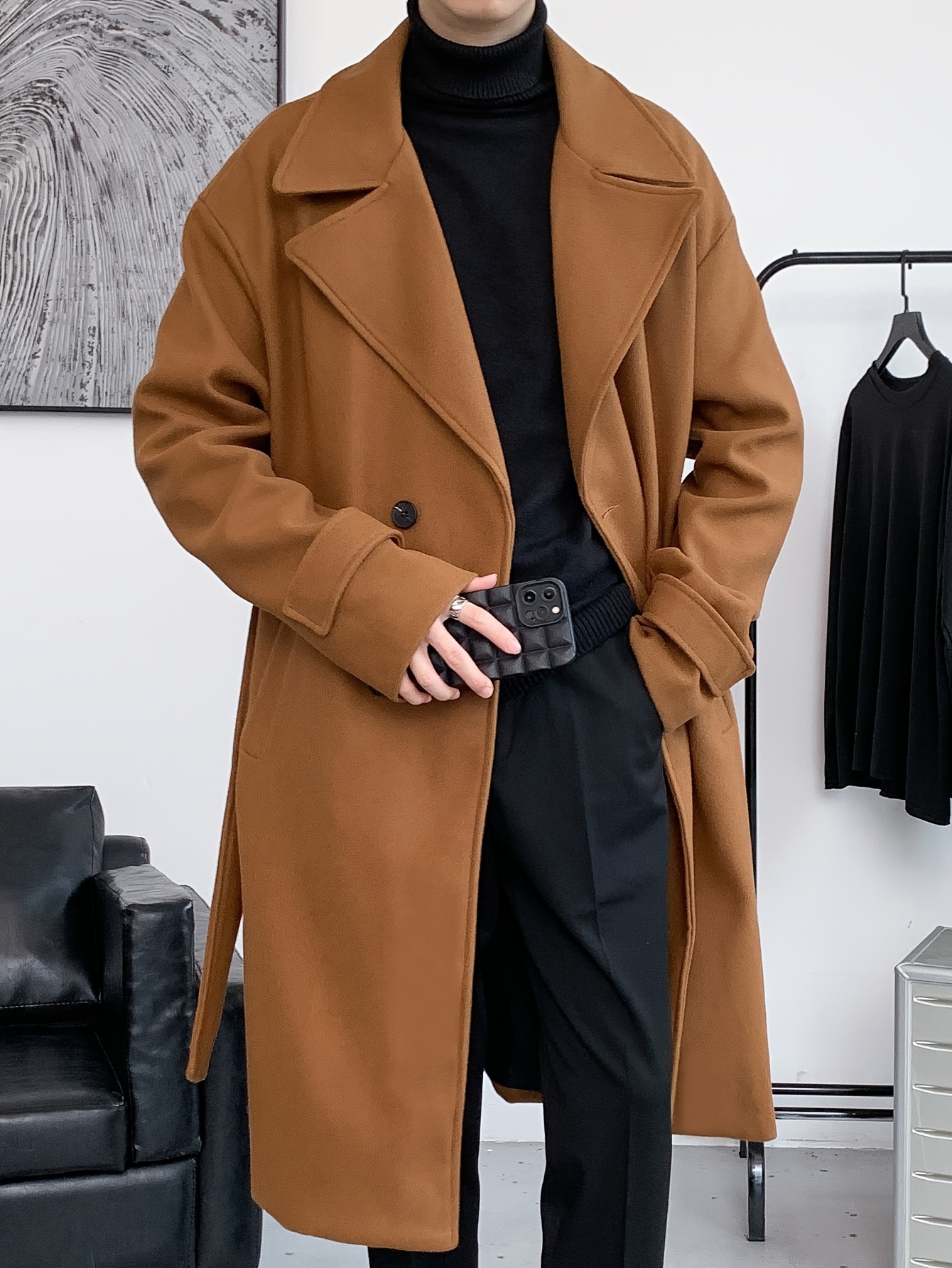 mens elegant single breasted trench coat casual lapel overcoat for fall winter details 2