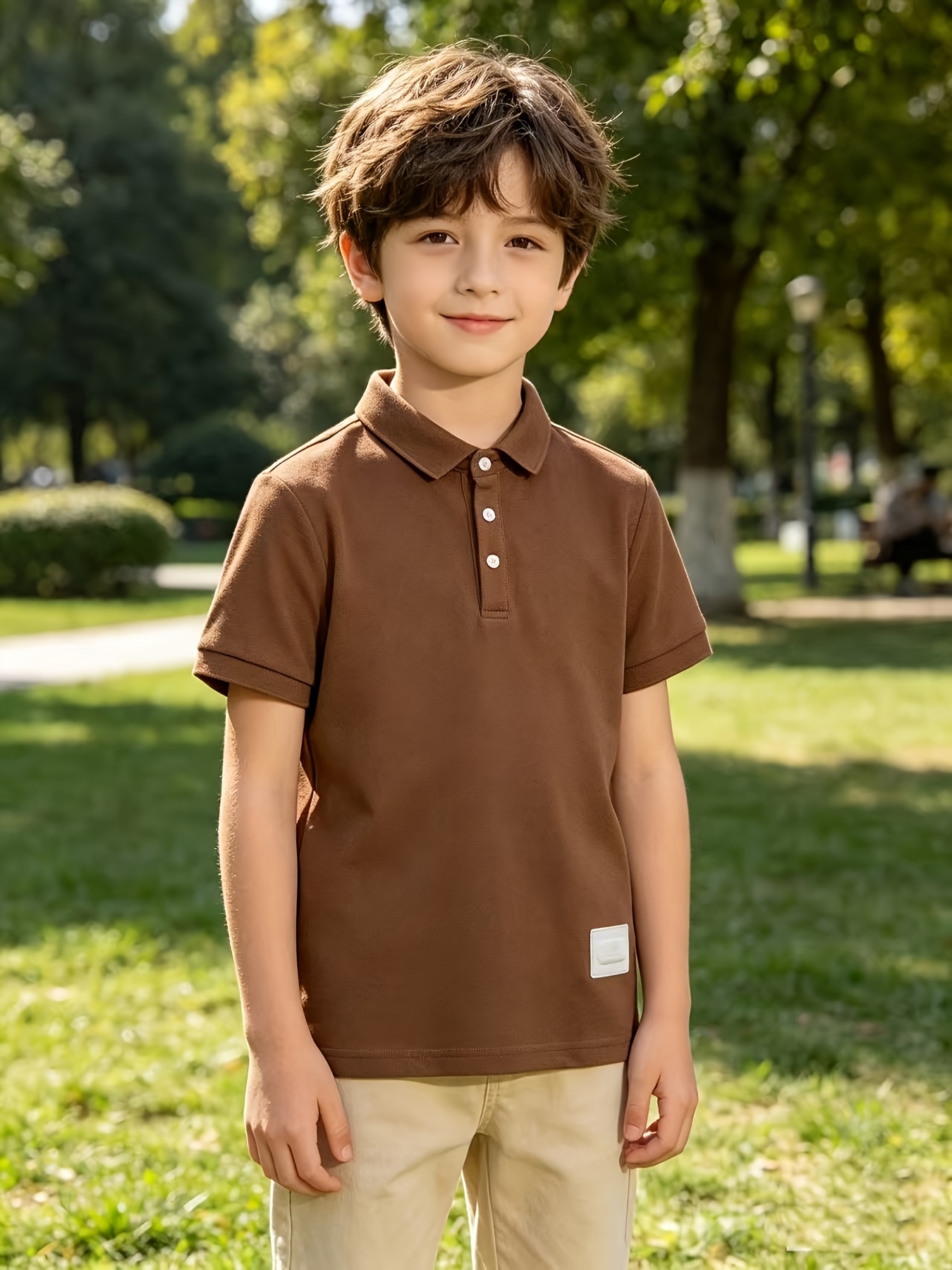 Summer! Solid Color Short-Sleeve Polo Shirt for Kids, Simple Label Design, Wrinkle-Resistant, Not Easily Deformed, Fresh and Breathable T-Shirt Top, Preppy Style, Boys' Daily Wear Lapel Shirt, Summer, Regular Fit