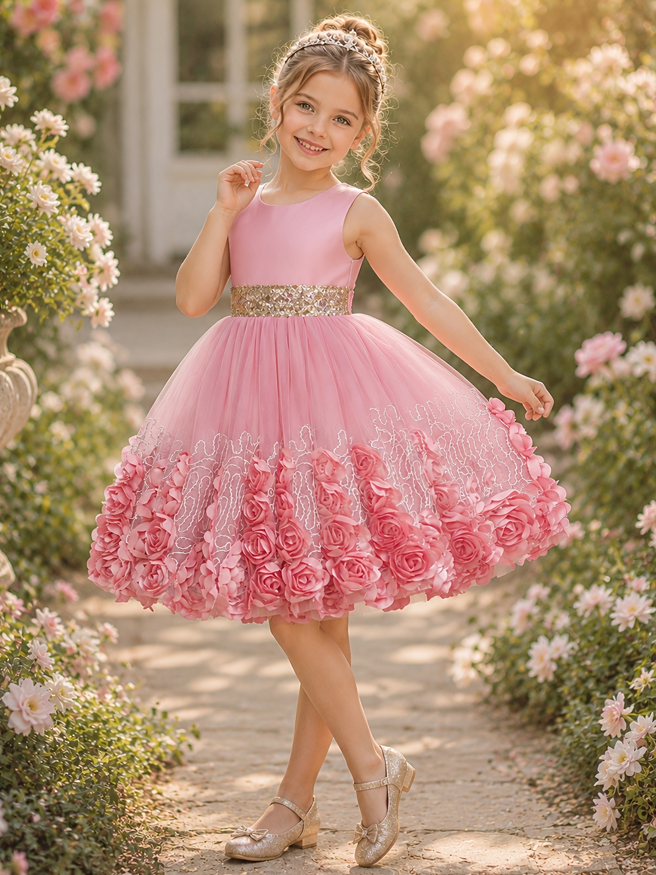 Girls' Dress Waistband Golden Sequined Skirt Bloom Circle Round Neck Vest Evening Attire Performance Flower Girl Dress